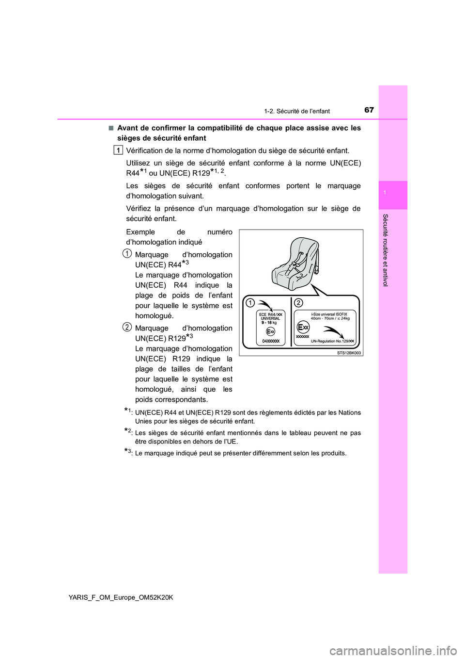 TOYOTA YARIS 2019 Notices Demploi (in French) 671-2. Sécurité de l’enfant
1
Sécurité routière et antivol
YARIS_F_OM_Europe_OM52K20K
■Avant de confirmer la compatibilité de chaque place assise avec les
sièges de sécurité enfant
Vé TOYOTA YARIS 2019 Notices Demploi (in French) 671-2. Sécurité de l’enfant
1
Sécurité routière et antivol
YARIS_F_OM_Europe_OM52K20K
■Avant de confirmer la compatibilité de chaque place assise avec les
sièges de sécurité enfant
Vé