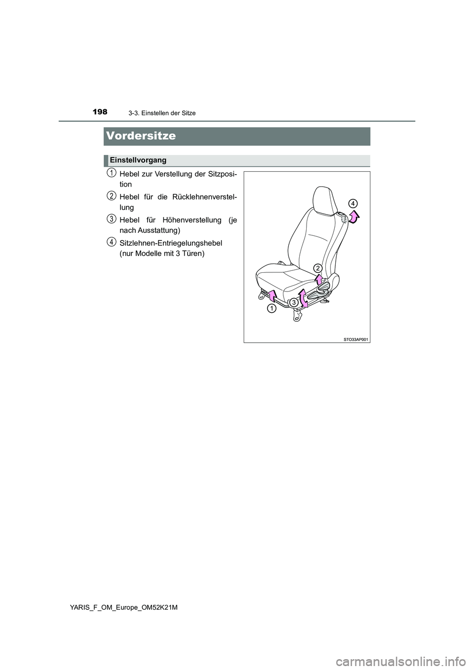 TOYOTA YARIS 2019  Betriebsanleitungen (in German) 1983-3. Einstellen der Sitze
YARIS_F_OM_Europe_OM52K21M
Vordersitze
Hebel zur Verstellung der Sitzposi- 
tion 
Hebel für die Rücklehnenverstel- 
lung 
Hebel für Höhenverstellung (je 
nach Ausstatt