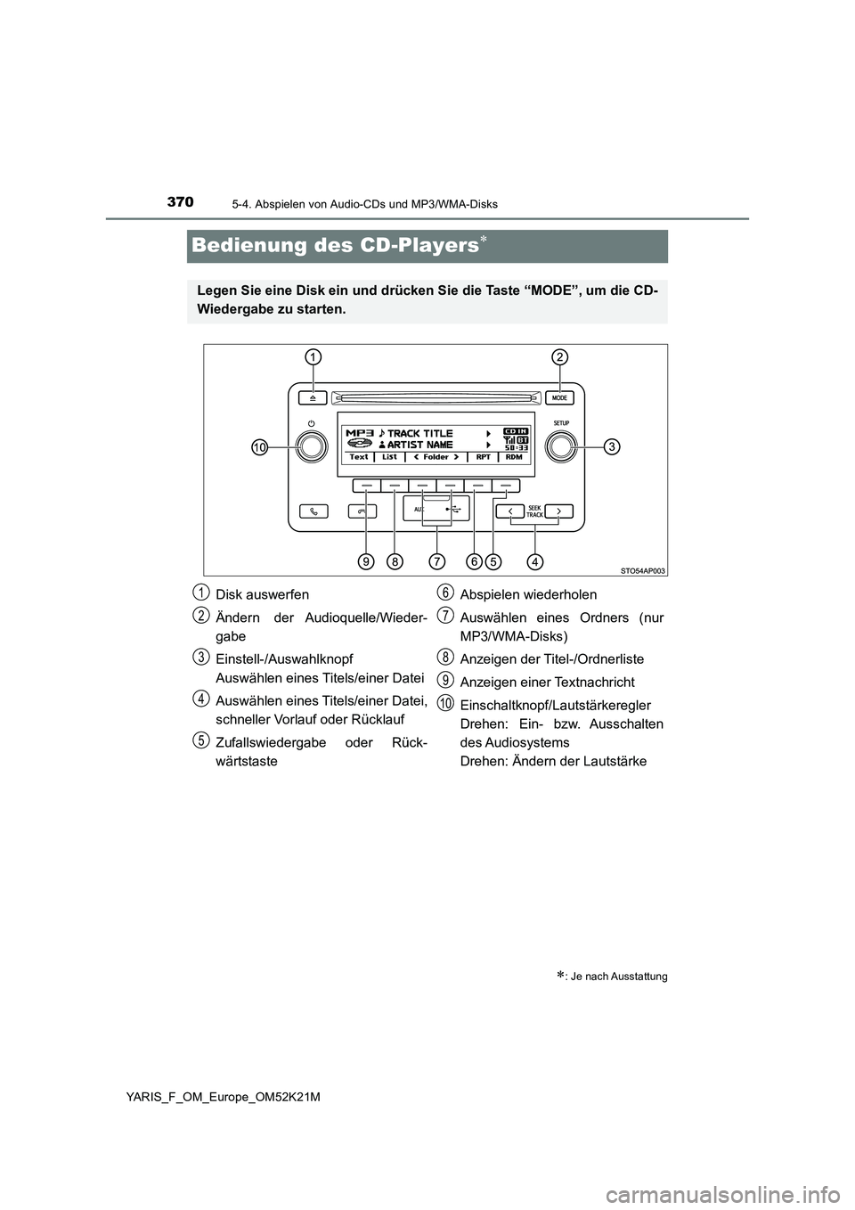 TOYOTA YARIS 2019 Betriebsanleitungen (in German) 3705-4. Abspielen von Audio-CDs und MP3/WMA-Disks
YARIS_F_OM_Europe_OM52K21M
Bedienung des CD-Players
: Je nach Ausstattung
Legen Sie eine Disk ein und drücken Sie die Taste “MODE”, um die TOYOTA YARIS 2019 Betriebsanleitungen (in German) 3705-4. Abspielen von Audio-CDs und MP3/WMA-Disks
YARIS_F_OM_Europe_OM52K21M
Bedienung des CD-Players
: Je nach Ausstattung
Legen Sie eine Disk ein und drücken Sie die Taste “MODE”, um die