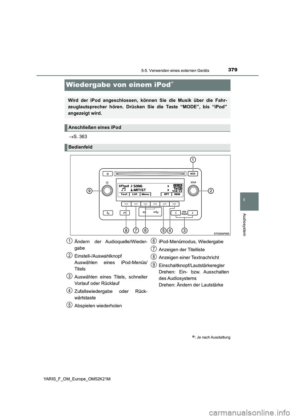 TOYOTA YARIS 2019 Betriebsanleitungen (in German) 379
5
5-5. Verwenden eines externen Geräts
Audiosystem
YARIS_F_OM_Europe_OM52K21M
Wiedergabe von einem iPod
S. 363
: Je nach Ausstattung
Wird der iPod angeschlossen, können Sie die Musik ü TOYOTA YARIS 2019 Betriebsanleitungen (in German) 379
5
5-5. Verwenden eines externen Geräts
Audiosystem
YARIS_F_OM_Europe_OM52K21M
Wiedergabe von einem iPod
S. 363
: Je nach Ausstattung
Wird der iPod angeschlossen, können Sie die Musik ü