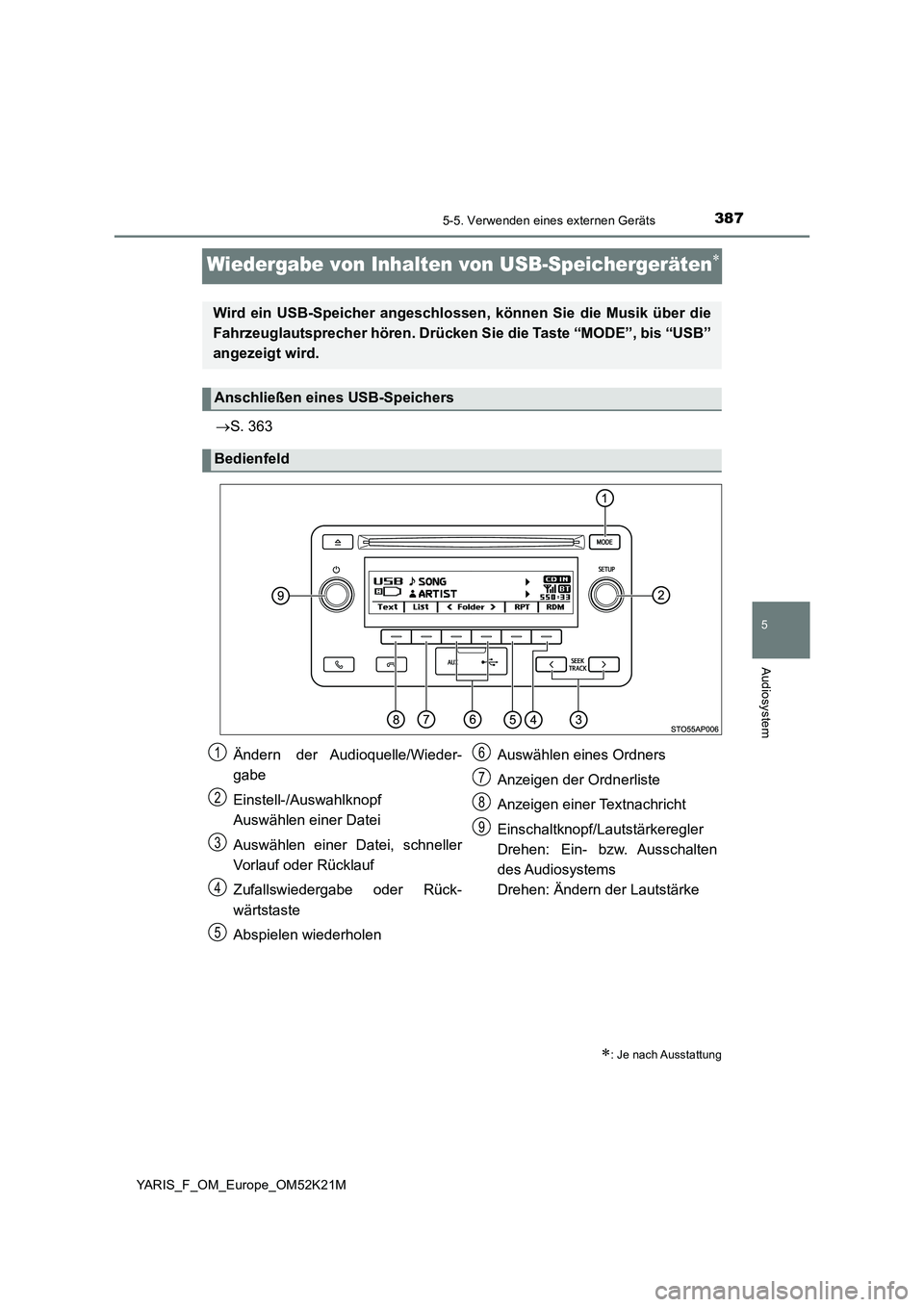 TOYOTA YARIS 2019 Betriebsanleitungen (in German) 387
5
5-5. Verwenden eines externen Geräts
Audiosystem
YARIS_F_OM_Europe_OM52K21M
Wiedergabe von Inhalten von USB-Speichergeräten
S. 363
: Je nach Ausstattung
Wird ein USB-Speicher angeschl TOYOTA YARIS 2019 Betriebsanleitungen (in German) 387
5
5-5. Verwenden eines externen Geräts
Audiosystem
YARIS_F_OM_Europe_OM52K21M
Wiedergabe von Inhalten von USB-Speichergeräten
S. 363
: Je nach Ausstattung
Wird ein USB-Speicher angeschl