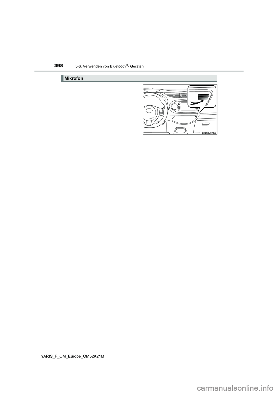 TOYOTA YARIS 2019 Betriebsanleitungen (in German) 3985-6. Verwenden von Bluetooth®- Geräten
YARIS_F_OM_Europe_OM52K21M
Mikrofon TOYOTA YARIS 2019 Betriebsanleitungen (in German) 3985-6. Verwenden von Bluetooth®- Geräten
YARIS_F_OM_Europe_OM52K21M
Mikrofon