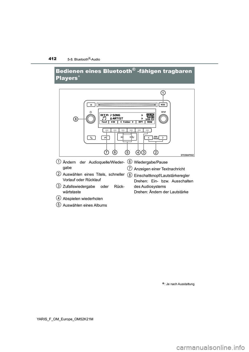 TOYOTA YARIS 2019 Betriebsanleitungen (in German) 4125-8. Bluetooth®-Audio
YARIS_F_OM_Europe_OM52K21M
Bedienen eines Bluetooth® -fähigen tragbaren
Players
: Je nach Ausstattung
Ändern der Audioquelle/Wieder-
gabe
Auswählen eines Titels TOYOTA YARIS 2019 Betriebsanleitungen (in German) 4125-8. Bluetooth®-Audio
YARIS_F_OM_Europe_OM52K21M
Bedienen eines Bluetooth® -fähigen tragbaren
Players
: Je nach Ausstattung
Ändern der Audioquelle/Wieder-
gabe
Auswählen eines Titels