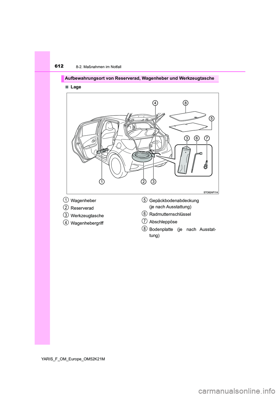 TOYOTA YARIS 2019 Betriebsanleitungen (in German) 6128-2. Maßnahmen im Notfall
YARIS_F_OM_Europe_OM52K21M
■Lage
Aufbewahrungsort von Reserverad, Wagenheber und Werkzeugtasche
Wagenheber
Reserverad
Werkzeugtasche
Wagenhebergriff
Gepäckbodenabd TOYOTA YARIS 2019 Betriebsanleitungen (in German) 6128-2. Maßnahmen im Notfall
YARIS_F_OM_Europe_OM52K21M
■Lage
Aufbewahrungsort von Reserverad, Wagenheber und Werkzeugtasche
Wagenheber
Reserverad
Werkzeugtasche
Wagenhebergriff
Gepäckbodenabd