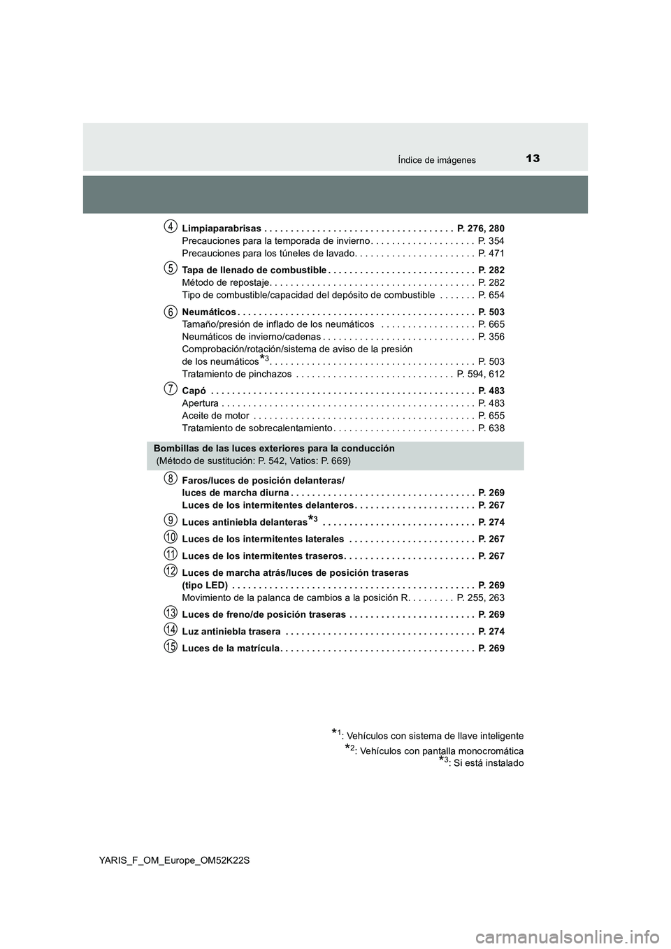 TOYOTA YARIS 2019  Manuale de Empleo (in Spanish) 13Índice de imágenes
YARIS_F_OM_Europe_OM52K22SLimpiaparabrisas . . . . . . . . . . . . . . . . . . . . . . . . . . . . . . . . . . . .  P. 276, 280
Precauciones para la temporada de invierno . . . 