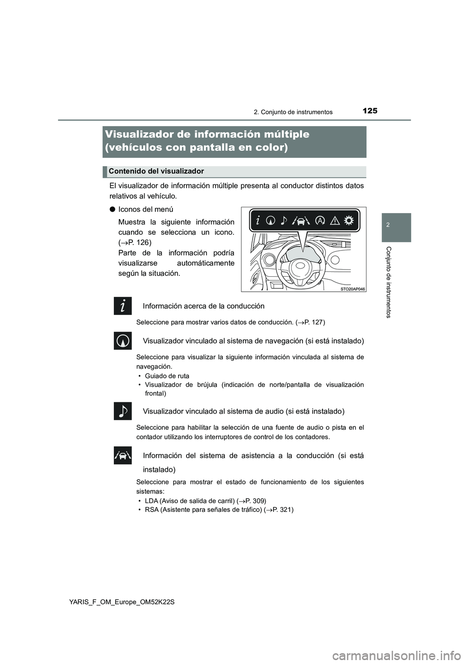 TOYOTA YARIS 2019 Manuale de Empleo (in Spanish) 125
2
2. Conjunto de instrumentos
Conjunto de instrumentos
YARIS_F_OM_Europe_OM52K22S
Visualizador de información múltiple
(vehículos con pantalla en color)
El visualizador de información múltip TOYOTA YARIS 2019 Manuale de Empleo (in Spanish) 125
2
2. Conjunto de instrumentos
Conjunto de instrumentos
YARIS_F_OM_Europe_OM52K22S
Visualizador de información múltiple
(vehículos con pantalla en color)
El visualizador de información múltip