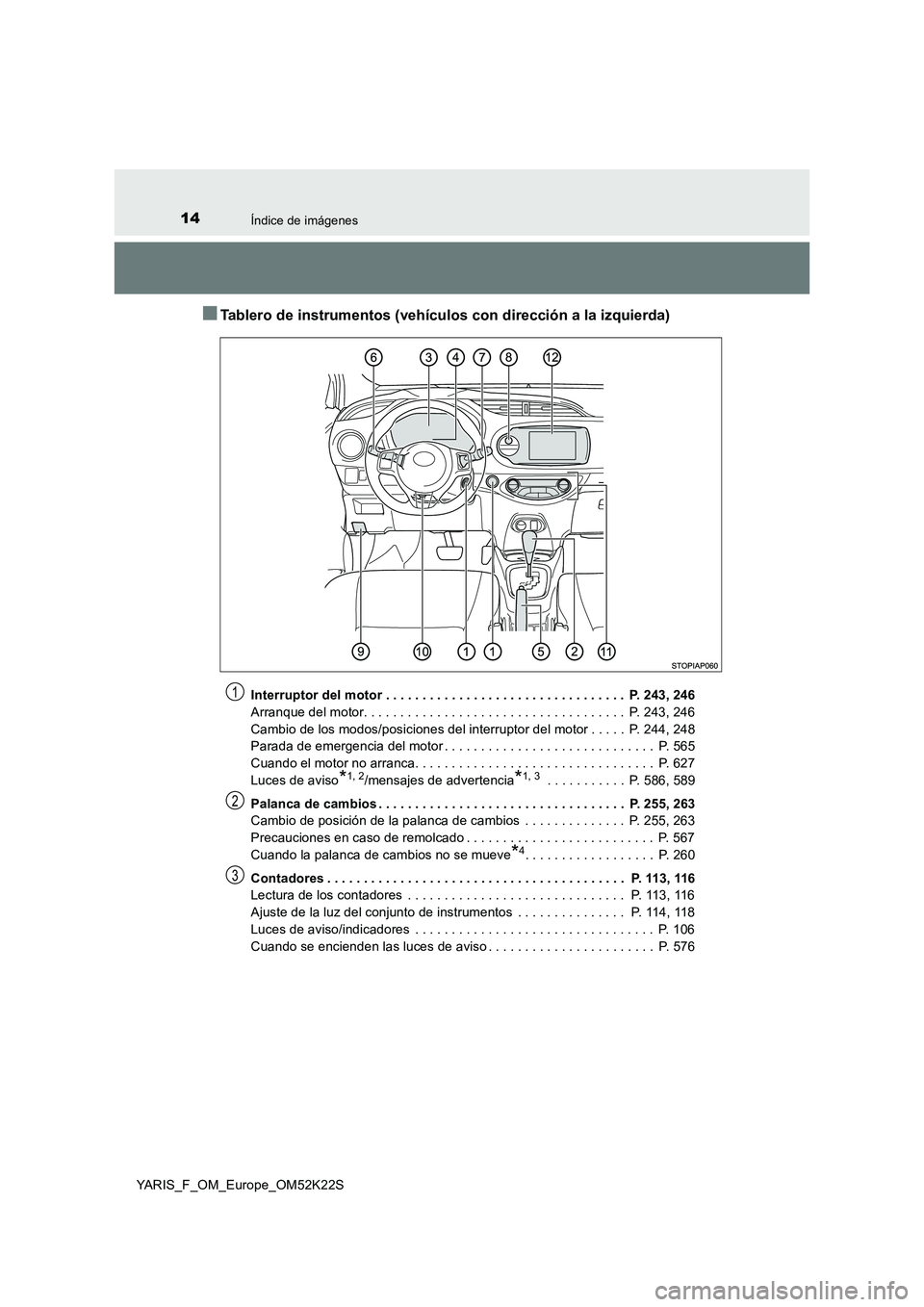 TOYOTA YARIS 2019  Manuale de Empleo (in Spanish) 14Índice de imágenes
YARIS_F_OM_Europe_OM52K22S
■Tablero de instrumentos (vehículos con dirección a la izquierda)
Interruptor del motor . . . . . . . . . . . . . . . . . . . . . . . . . . . . . 