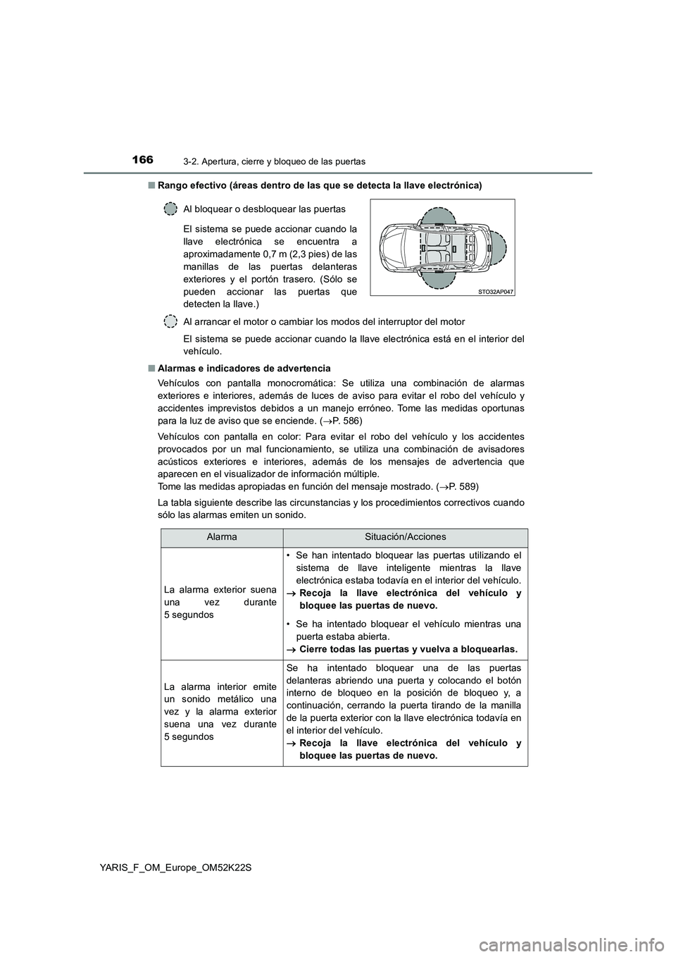 TOYOTA YARIS 2019 Manuale de Empleo (in Spanish) 1663-2. Apertura, cierre y bloqueo de las puertas
YARIS_F_OM_Europe_OM52K22S
■ Rango efectivo (áreas dentro de las que se detecta la llave electrónica)
Al arrancar el motor o cambiar los modos d TOYOTA YARIS 2019 Manuale de Empleo (in Spanish) 1663-2. Apertura, cierre y bloqueo de las puertas
YARIS_F_OM_Europe_OM52K22S
■ Rango efectivo (áreas dentro de las que se detecta la llave electrónica)
Al arrancar el motor o cambiar los modos d