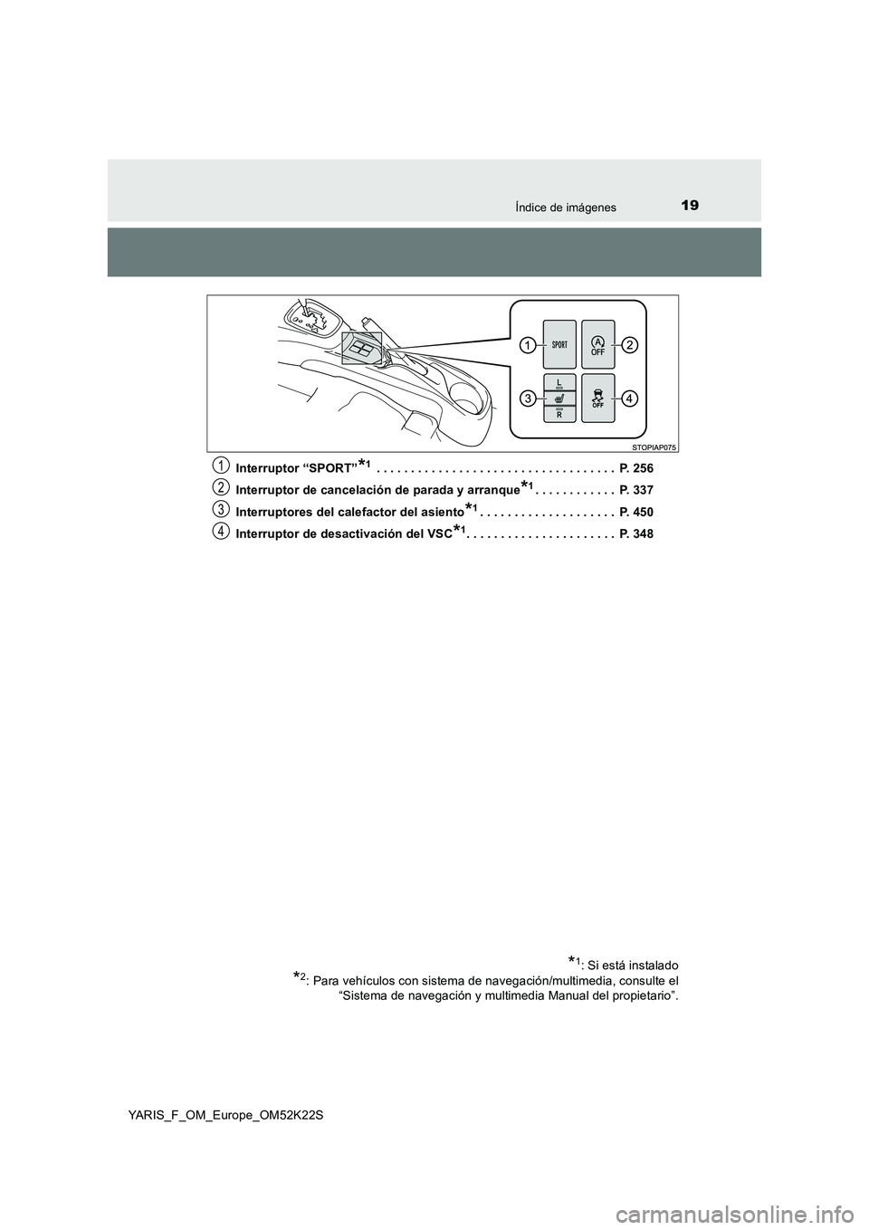 TOYOTA YARIS 2019  Manuale de Empleo (in Spanish) 19Índice de imágenes
YARIS_F_OM_Europe_OM52K22SInterruptor “SPORT”
*1 . . . . . . . . . . . . . . . . . . . . . . . . . . . . . . . . . . .  P. 256
Interruptor de cancelación de parada y arranq