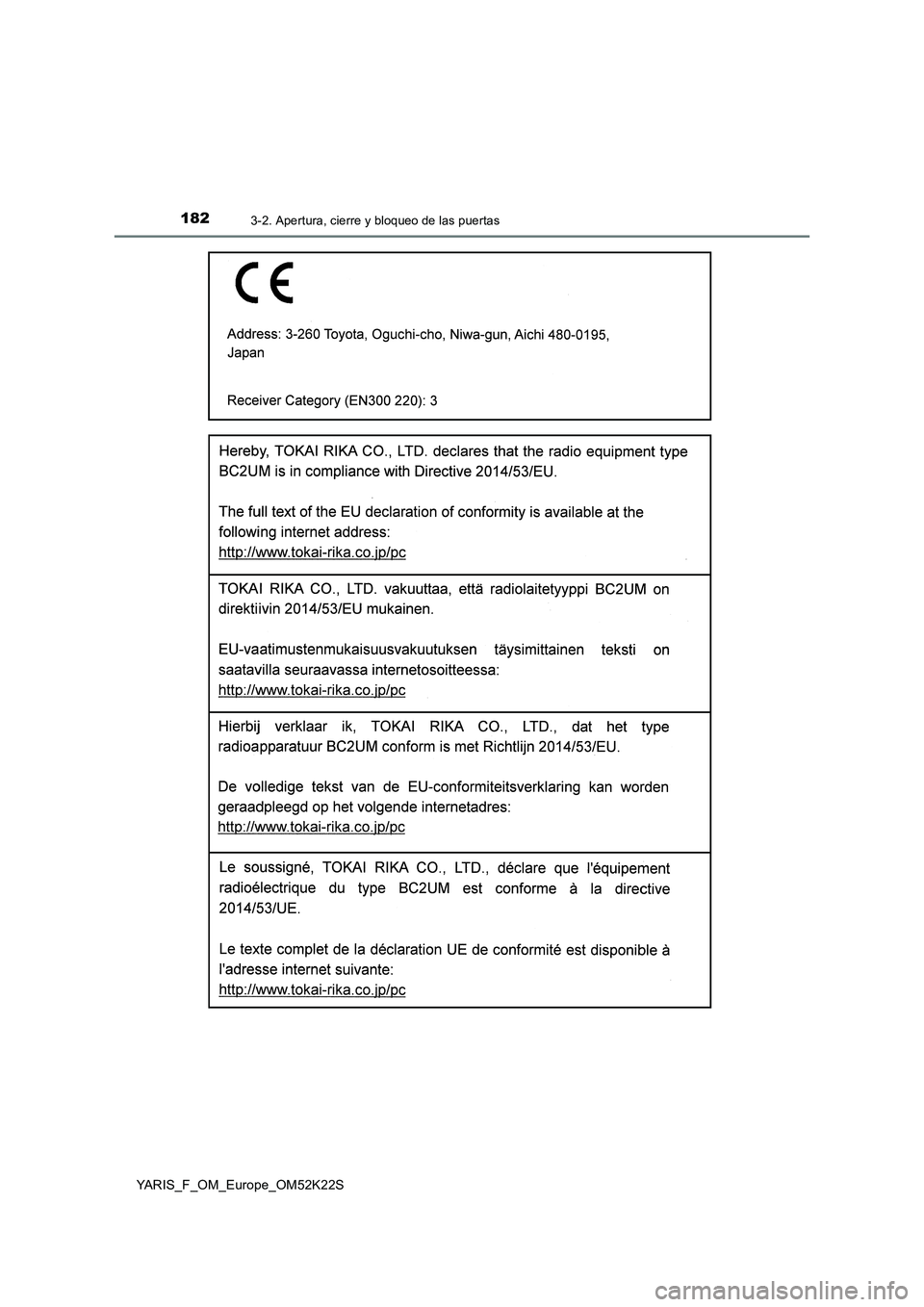 TOYOTA YARIS 2019 Manuale de Empleo (in Spanish) 1823-2. Apertura, cierre y bloqueo de las puertas
YARIS_F_OM_Europe_OM52K22S TOYOTA YARIS 2019 Manuale de Empleo (in Spanish) 1823-2. Apertura, cierre y bloqueo de las puertas
YARIS_F_OM_Europe_OM52K22S