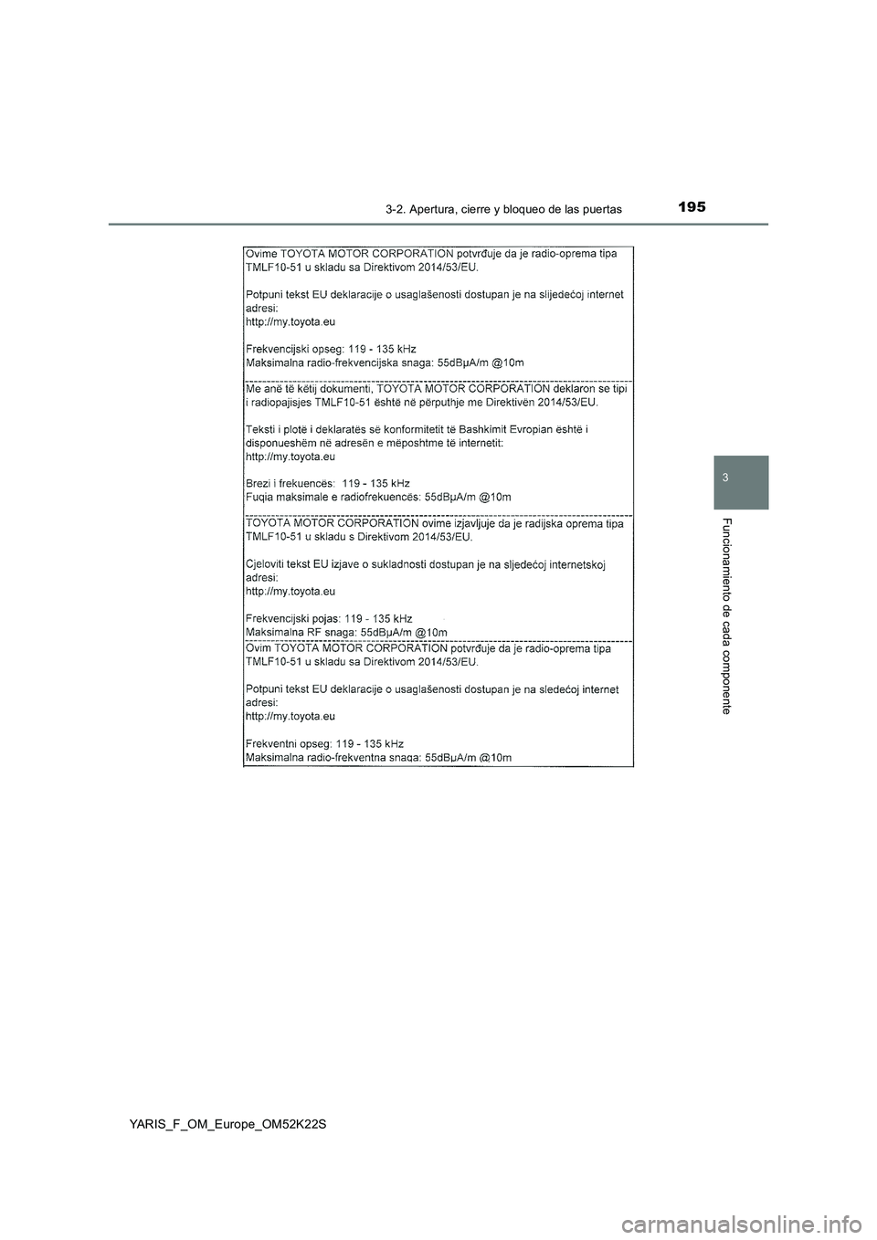 TOYOTA YARIS 2019  Manuale de Empleo (in Spanish) 1953-2. Apertura, cierre y bloqueo de las puertas
3
Funcionamiento de cada componente
YARIS_F_OM_Europe_OM52K22S 