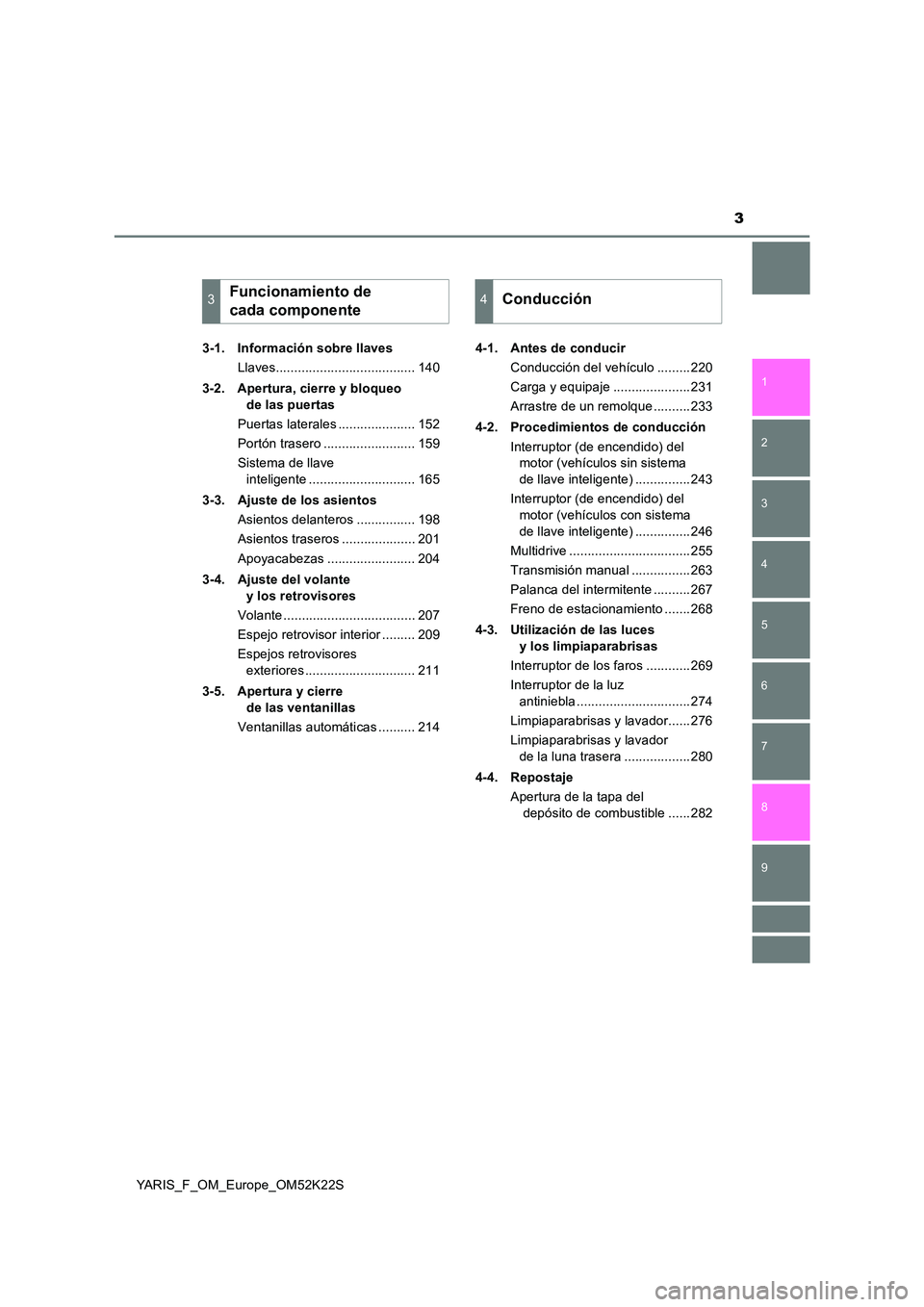 TOYOTA YARIS 2019  Manuale de Empleo (in Spanish) 3
1 
7 
8 
6 
5
4
3
2
9
YARIS_F_OM_Europe_OM52K22S 
3-1. Información sobre llaves 
Llaves...................................... 140 
3-2. Apertura, cierre y bloqueo  
de las puertas 
Puertas laterale