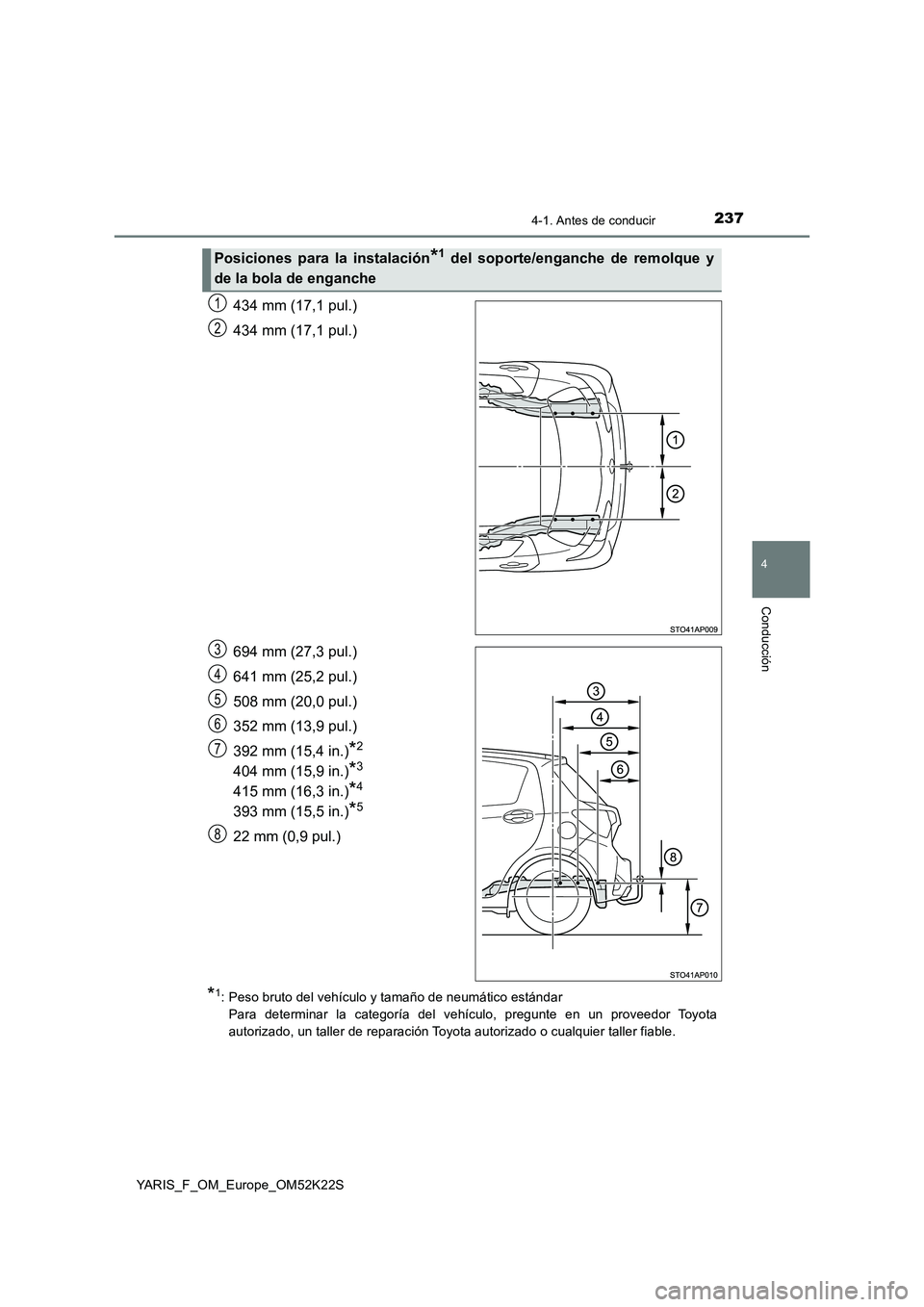 TOYOTA YARIS 2019 Manuale de Empleo (in Spanish) 2374-1. Antes de conducir
4
Conducción
YARIS_F_OM_Europe_OM52K22S
434 mm (17,1 pul.)
434 mm (17,1 pul.)
694 mm (27,3 pul.)
641 mm (25,2 pul.)
508 mm (20,0 pul.)
352 mm (13,9 pul.)
392 mm (15,4 in.)
* TOYOTA YARIS 2019 Manuale de Empleo (in Spanish) 2374-1. Antes de conducir
4
Conducción
YARIS_F_OM_Europe_OM52K22S
434 mm (17,1 pul.)
434 mm (17,1 pul.)
694 mm (27,3 pul.)
641 mm (25,2 pul.)
508 mm (20,0 pul.)
352 mm (13,9 pul.)
392 mm (15,4 in.)
*