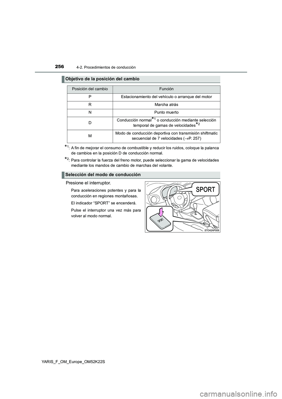 TOYOTA YARIS 2019 Manuale de Empleo (in Spanish) 2564-2. Procedimientos de conducción
YARIS_F_OM_Europe_OM52K22S
*1: A fin de mejorar el consumo de combustible y reducir los ruidos, coloque la palanca
de cambios en la posición D de conducción nor TOYOTA YARIS 2019 Manuale de Empleo (in Spanish) 2564-2. Procedimientos de conducción
YARIS_F_OM_Europe_OM52K22S
*1: A fin de mejorar el consumo de combustible y reducir los ruidos, coloque la palanca
de cambios en la posición D de conducción nor
