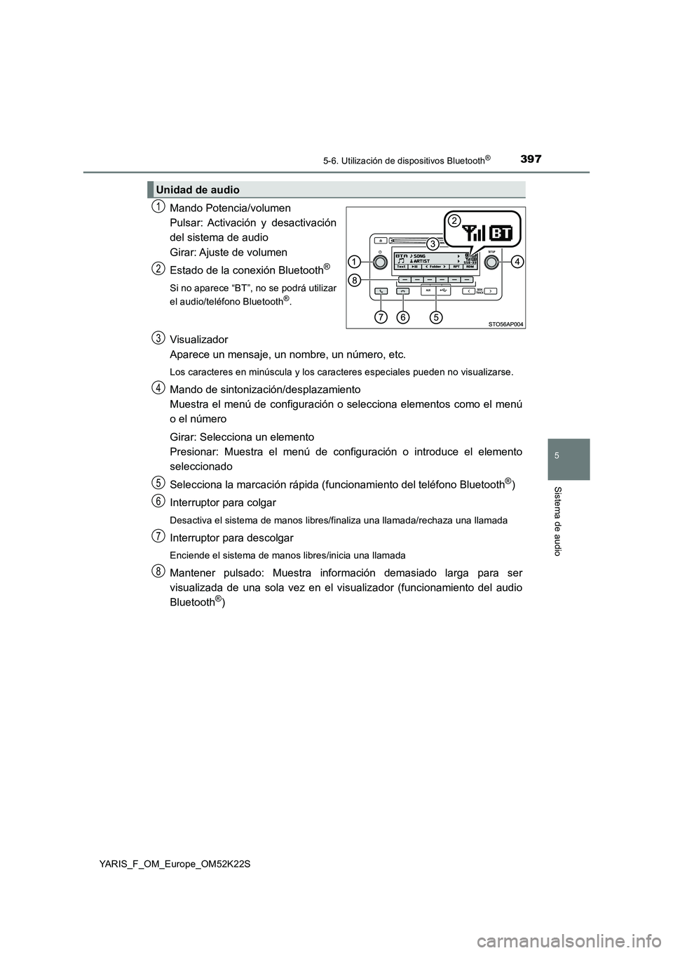 TOYOTA YARIS 2019 Manuale de Empleo (in Spanish) 3975-6. Utilización de dispositivos Bluetooth®
5
Sistema de audio
YARIS_F_OM_Europe_OM52K22S
Mando Potencia/volumen
Pulsar: Activación y desactivación
del sistema de audio
Girar: Ajuste de v TOYOTA YARIS 2019 Manuale de Empleo (in Spanish) 3975-6. Utilización de dispositivos Bluetooth®
5
Sistema de audio
YARIS_F_OM_Europe_OM52K22S
Mando Potencia/volumen
Pulsar: Activación y desactivación
del sistema de audio
Girar: Ajuste de v