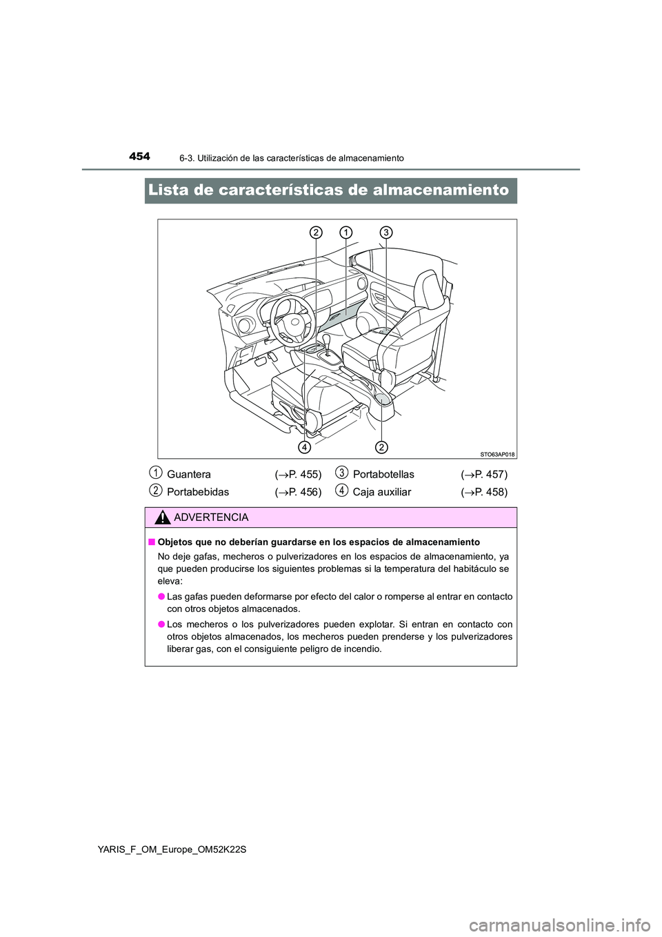 TOYOTA YARIS 2019  Manuale de Empleo (in Spanish) 4546-3. Utilización de las características de almacenamiento
YARIS_F_OM_Europe_OM52K22S
Lista de características de almacenamiento
Guantera  (P. 455) 
Portabebidas ( P. 456) 
Portabotellas ( 