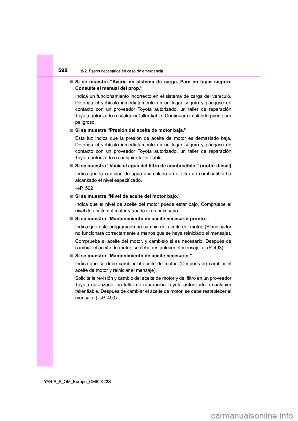TOYOTA YARIS 2019 Manuale de Empleo (in Spanish) 5928-2. Pasos necesarios en caso de emergencia
YARIS_F_OM_Europe_OM52K22S
■Si se muestra “Avería en sistema de carga. Pare en lugar seguro.
Consulte el manual del prop.”
Indica un funcionami TOYOTA YARIS 2019 Manuale de Empleo (in Spanish) 5928-2. Pasos necesarios en caso de emergencia
YARIS_F_OM_Europe_OM52K22S
■Si se muestra “Avería en sistema de carga. Pare en lugar seguro.
Consulte el manual del prop.”
Indica un funcionami