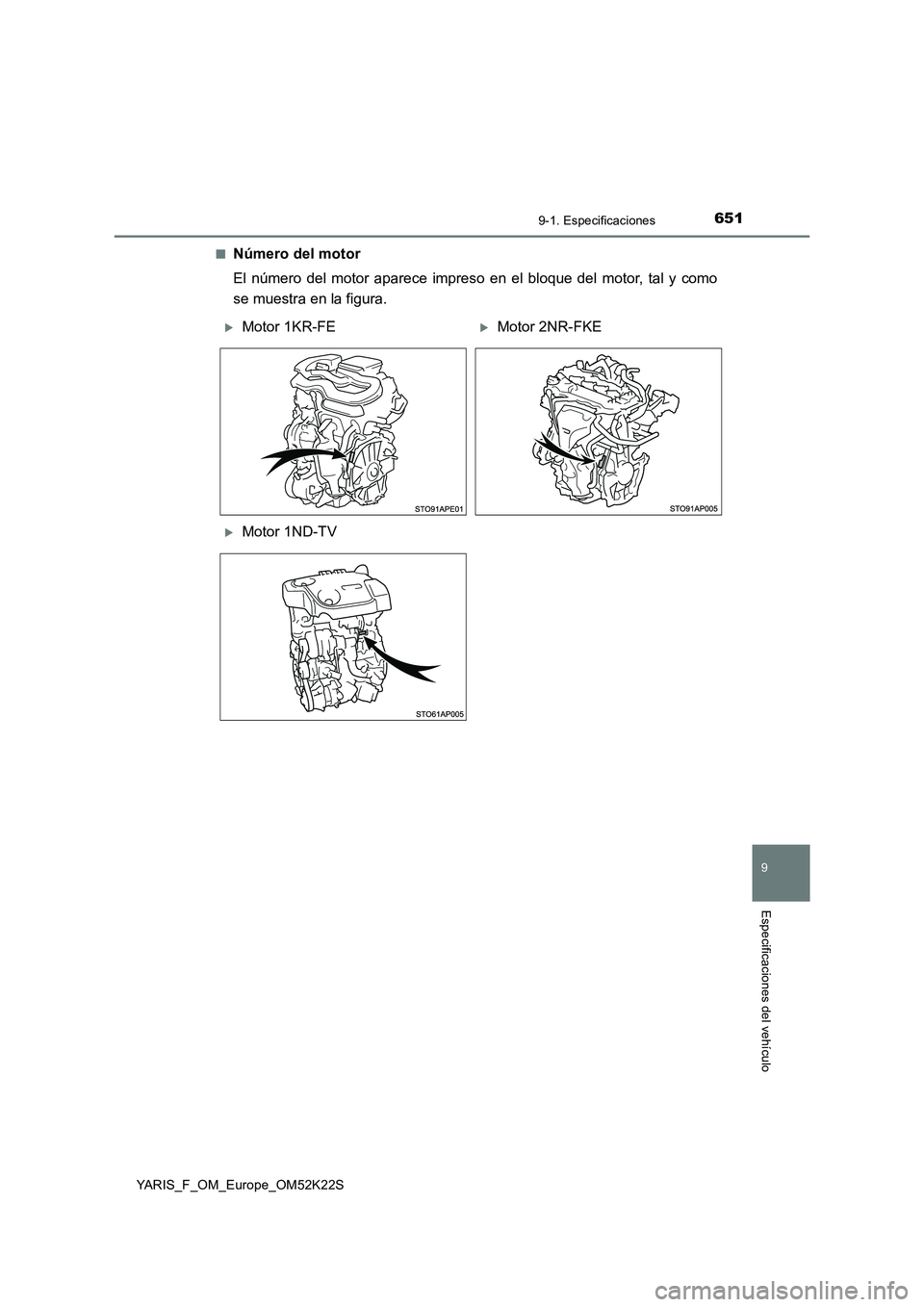 TOYOTA YARIS 2019  Manuale de Empleo (in Spanish) 6519-1. Especificaciones
9
Especificaciones del vehículo
YARIS_F_OM_Europe_OM52K22S■
Número del motor
El número del motor aparece impreso en el bloque del motor, tal y como
se muestra en la figur