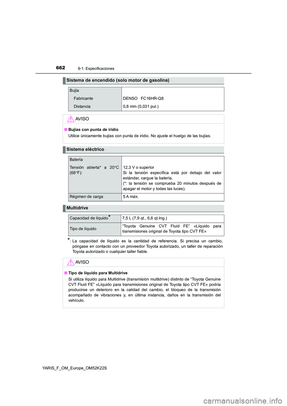 TOYOTA YARIS 2019  Manuale de Empleo (in Spanish) 6629-1. Especificaciones
YARIS_F_OM_Europe_OM52K22S
*: La capacidad de líquido es la cantidad de referencia. Si precisa un cambio, 
póngase en contacto con un proveedor Toyota autorizado, un taller 