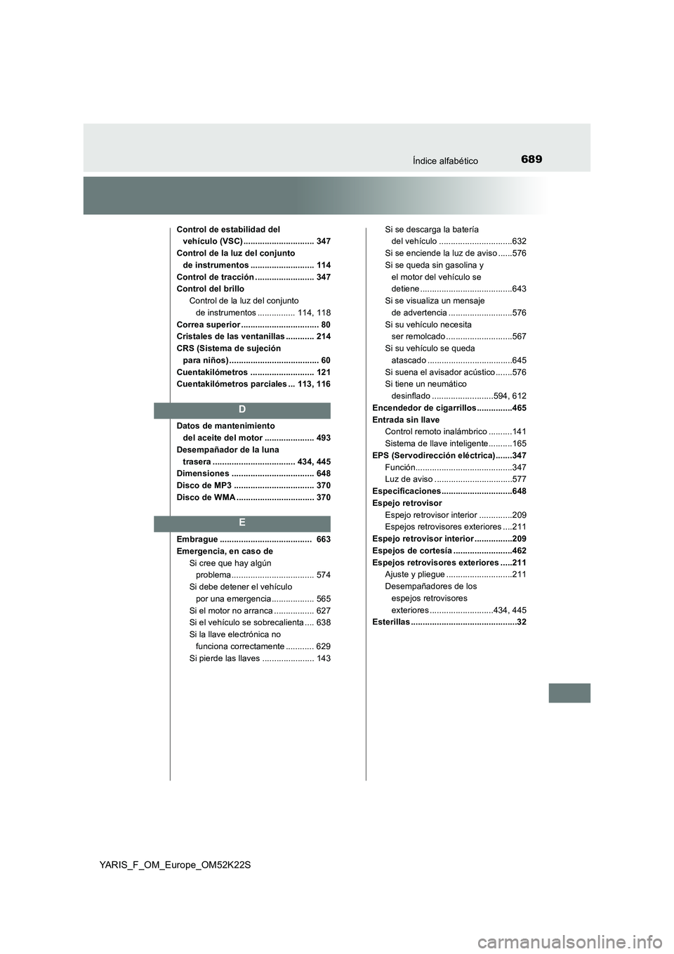 TOYOTA YARIS 2019  Manuale de Empleo (in Spanish) 689Índice alfabético
YARIS_F_OM_Europe_OM52K22S
Control de estabilidad del 
vehículo (VSC) .............................. 347
Control de la luz del conjunto 
de instrumentos .......................