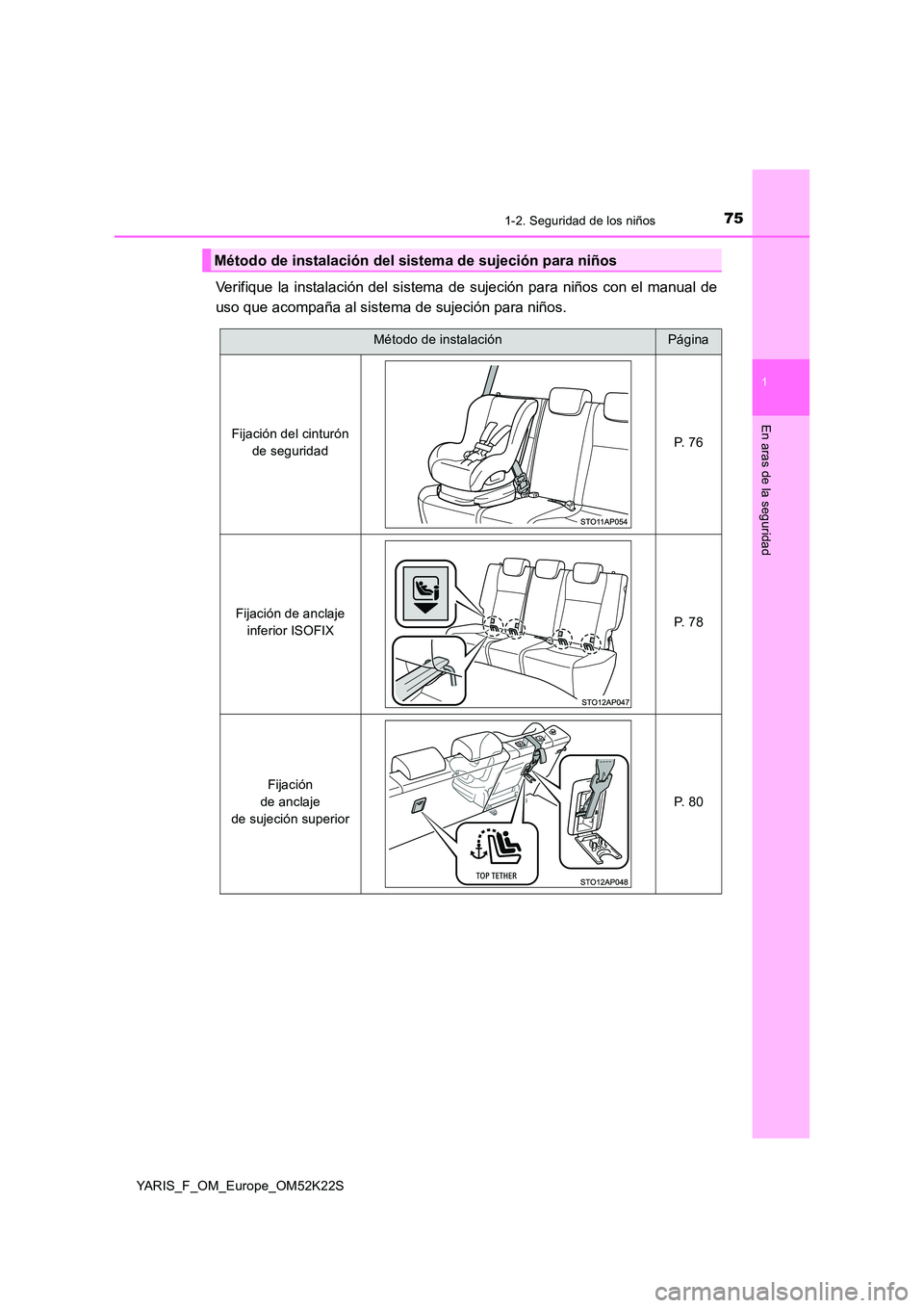 TOYOTA YARIS 2019  Manuale de Empleo (in Spanish) 751-2. Seguridad de los niños
1
En aras de la seguridad
YARIS_F_OM_Europe_OM52K22S
Verifique la instalación del sistema de sujeción para niños con el manual de 
uso que acompaña al sistema de suj