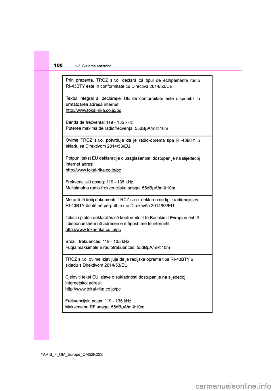TOYOTA YARIS 2019 Manuale de Empleo (in Spanish) 1001-3. Sistema antirrobo
YARIS_F_OM_Europe_OM52K22S TOYOTA YARIS 2019 Manuale de Empleo (in Spanish) 1001-3. Sistema antirrobo
YARIS_F_OM_Europe_OM52K22S