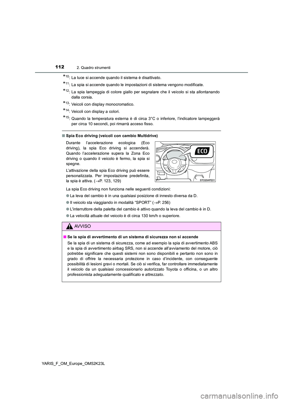 TOYOTA YARIS 2019 Manuale duso (in Italian) 1122. Quadro strumenti
YARIS_F_OM_Europe_OM52K23L
*10: La luce si accende quando il sistema è disattivato.
*11: La spia si accende quando le impostazioni di sistema vengono modificate.
*12: La spia l TOYOTA YARIS 2019 Manuale duso (in Italian) 1122. Quadro strumenti
YARIS_F_OM_Europe_OM52K23L
*10: La luce si accende quando il sistema è disattivato.
*11: La spia si accende quando le impostazioni di sistema vengono modificate.
*12: La spia l