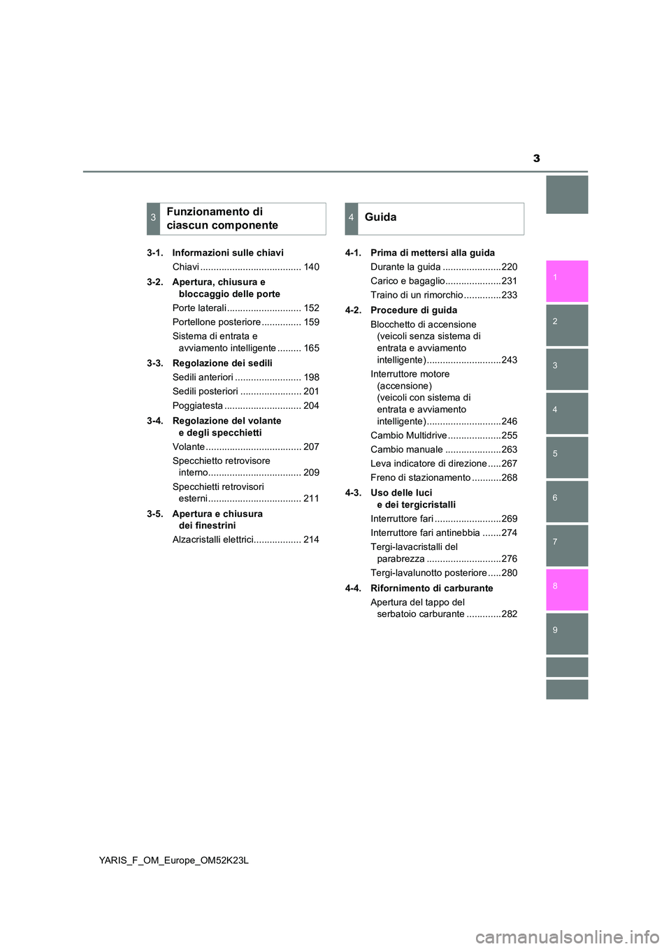 TOYOTA YARIS 2019  Manuale duso (in Italian) 3
1 
7 
8 
6 
5
4
3
2
9
YARIS_F_OM_Europe_OM52K23L 
3-1. Informazioni sulle chiavi 
Chiavi ...................................... 140 
3-2. Apertura, chiusura e  
bloccaggio delle porte 
Porte lateral
