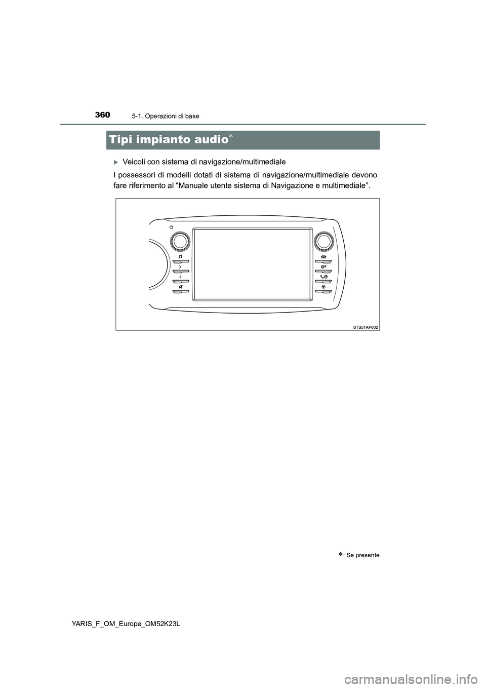 TOYOTA YARIS 2019 Manuale duso (in Italian) 3605-1. Operazioni di base
YARIS_F_OM_Europe_OM52K23L
Tipi impianto audio
Veicoli con sistema di navigazione/multimediale
I possessori di modelli dotati di sist ema di navigazione/multimediale TOYOTA YARIS 2019 Manuale duso (in Italian) 3605-1. Operazioni di base
YARIS_F_OM_Europe_OM52K23L
Tipi impianto audio
Veicoli con sistema di navigazione/multimediale
I possessori di modelli dotati di sist ema di navigazione/multimediale