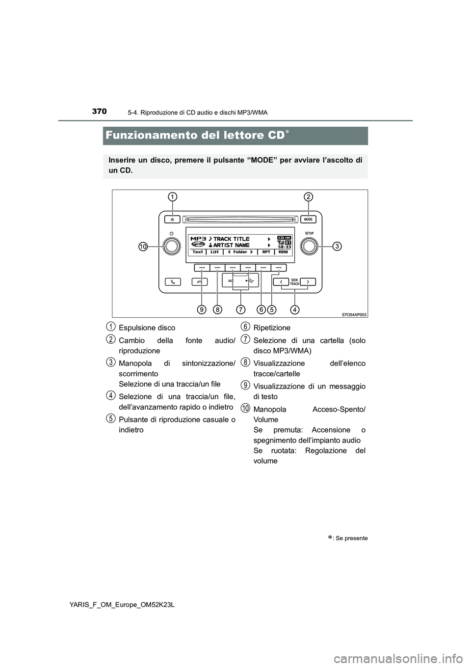 TOYOTA YARIS 2019 Manuale duso (in Italian) 3705-4. Riproduzione di CD audio e dischi MP3/WMA
YARIS_F_OM_Europe_OM52K23L
Funzionamento del lettore CD
: Se presente
Inserire un disco, premere il pulsante “MODE” per avviare l’ascolto TOYOTA YARIS 2019 Manuale duso (in Italian) 3705-4. Riproduzione di CD audio e dischi MP3/WMA
YARIS_F_OM_Europe_OM52K23L
Funzionamento del lettore CD
: Se presente
Inserire un disco, premere il pulsante “MODE” per avviare l’ascolto