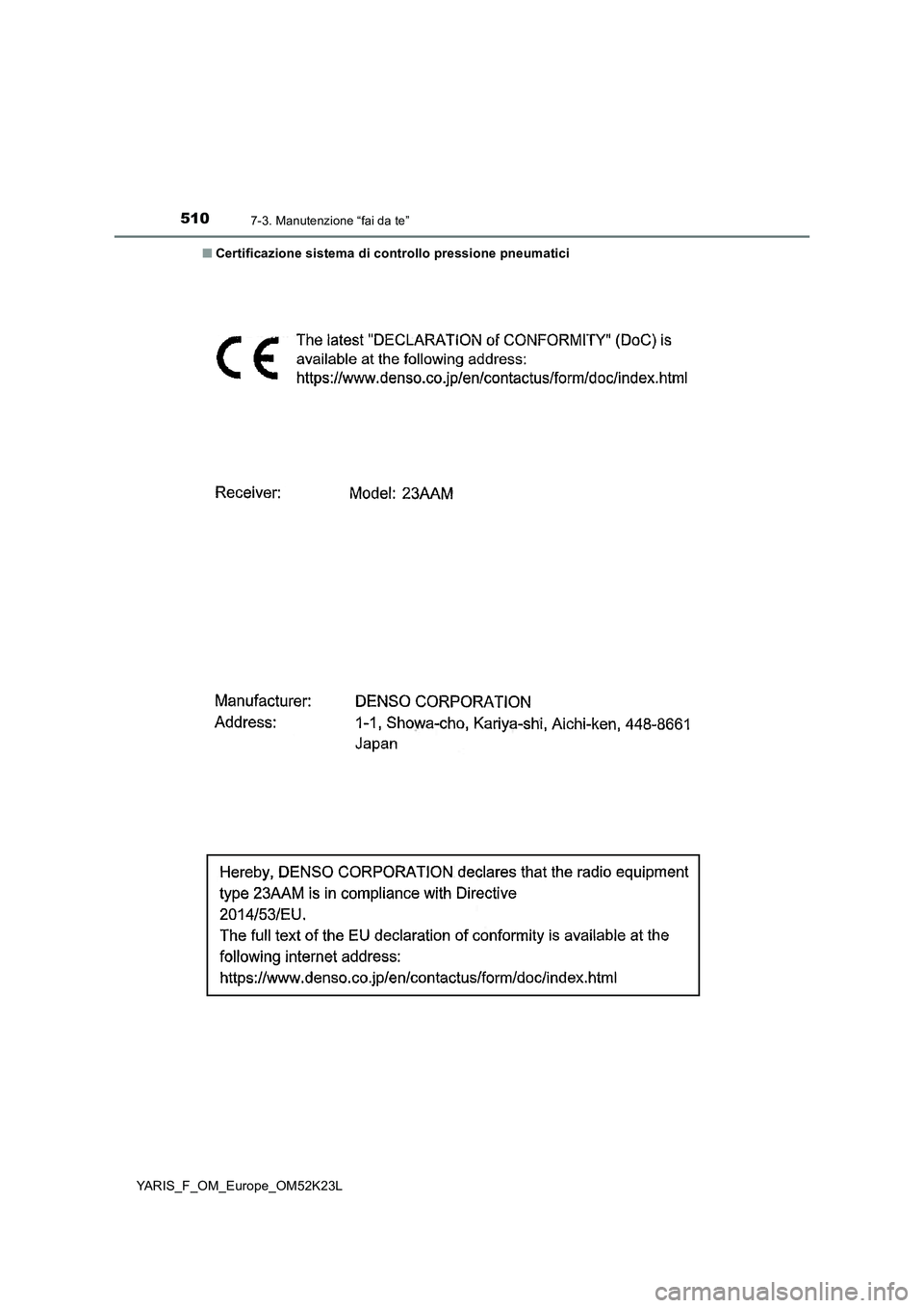 TOYOTA YARIS 2019  Manuale duso (in Italian) 5107-3. Manutenzione “fai da te”
YARIS_F_OM_Europe_OM52K23L 
■ Certificazione sistema di controllo pressione pneumatici 