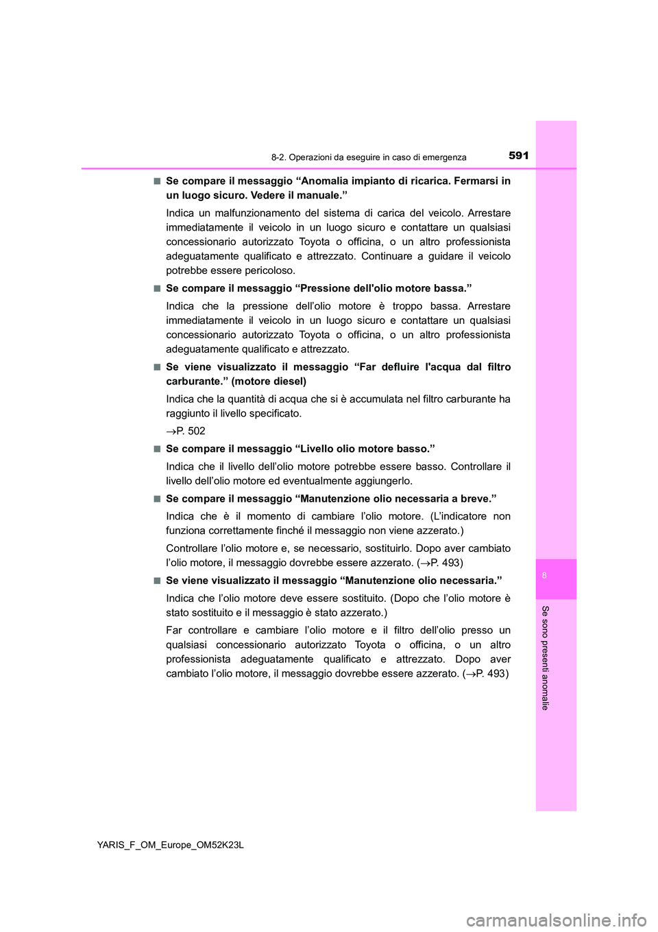 TOYOTA YARIS 2019 Manuale duso (in Italian) 5918-2. Operazioni da eseguire in caso di emergenza
8
Se sono presenti anomalie
YARIS_F_OM_Europe_OM52K23L
■Se compare il messaggio “Anomalia impianto di ricarica. Fermarsi in
un luogo sicuro. V TOYOTA YARIS 2019 Manuale duso (in Italian) 5918-2. Operazioni da eseguire in caso di emergenza
8
Se sono presenti anomalie
YARIS_F_OM_Europe_OM52K23L
■Se compare il messaggio “Anomalia impianto di ricarica. Fermarsi in
un luogo sicuro. V