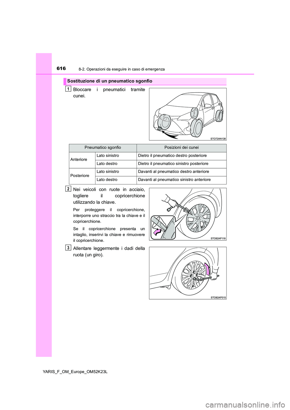 TOYOTA YARIS 2019 Manuale duso (in Italian) 6168-2. Operazioni da eseguire in caso di emergenza
YARIS_F_OM_Europe_OM52K23L
Bloccare i pneumatici tramite
cunei.
Nei veicoli con ruote in acciaio,
togliere il copricerchione
utilizzando la chia TOYOTA YARIS 2019 Manuale duso (in Italian) 6168-2. Operazioni da eseguire in caso di emergenza
YARIS_F_OM_Europe_OM52K23L
Bloccare i pneumatici tramite
cunei.
Nei veicoli con ruote in acciaio,
togliere il copricerchione
utilizzando la chia