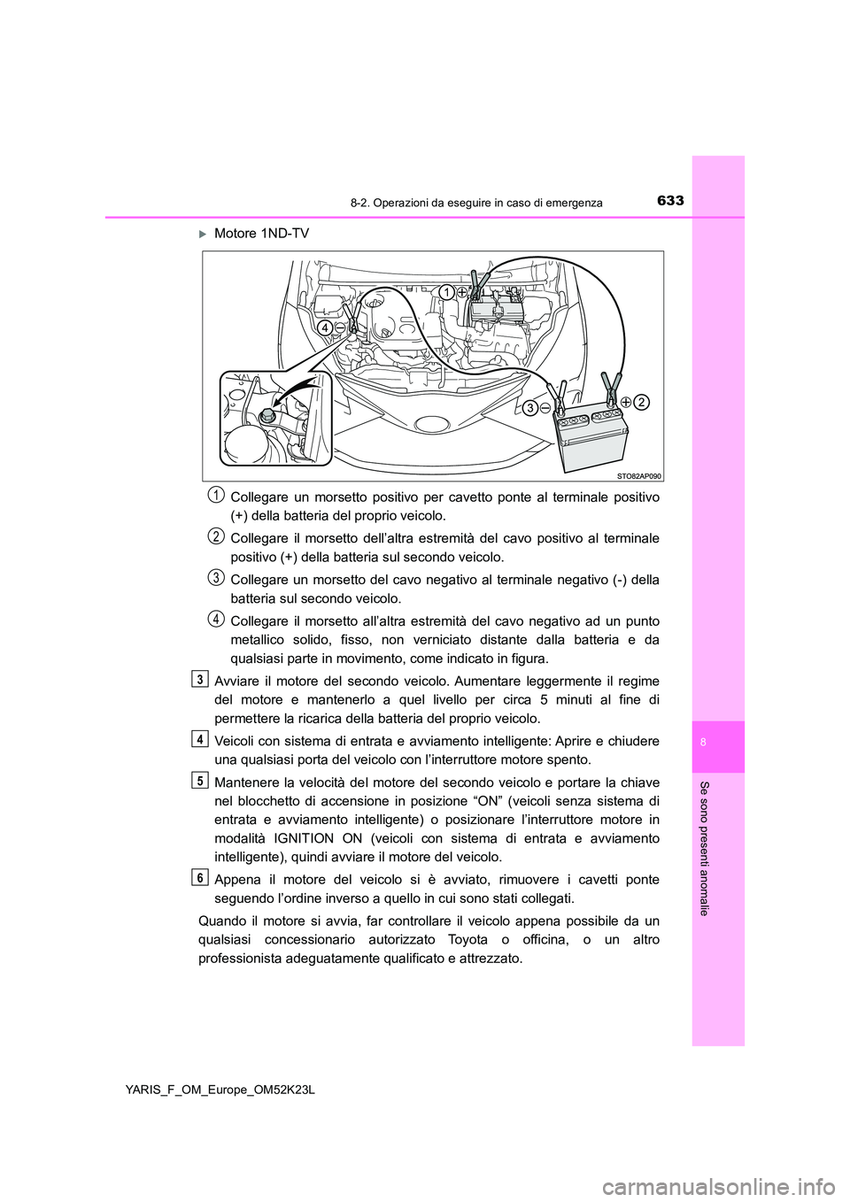 TOYOTA YARIS 2019  Manuale duso (in Italian) 6338-2. Operazioni da eseguire in caso di emergenza
8
Se sono presenti anomalie
YARIS_F_OM_Europe_OM52K23L
Motore 1ND-TV 
Collegare un morsetto positivo per cavetto ponte al terminale positivo 
(+)
