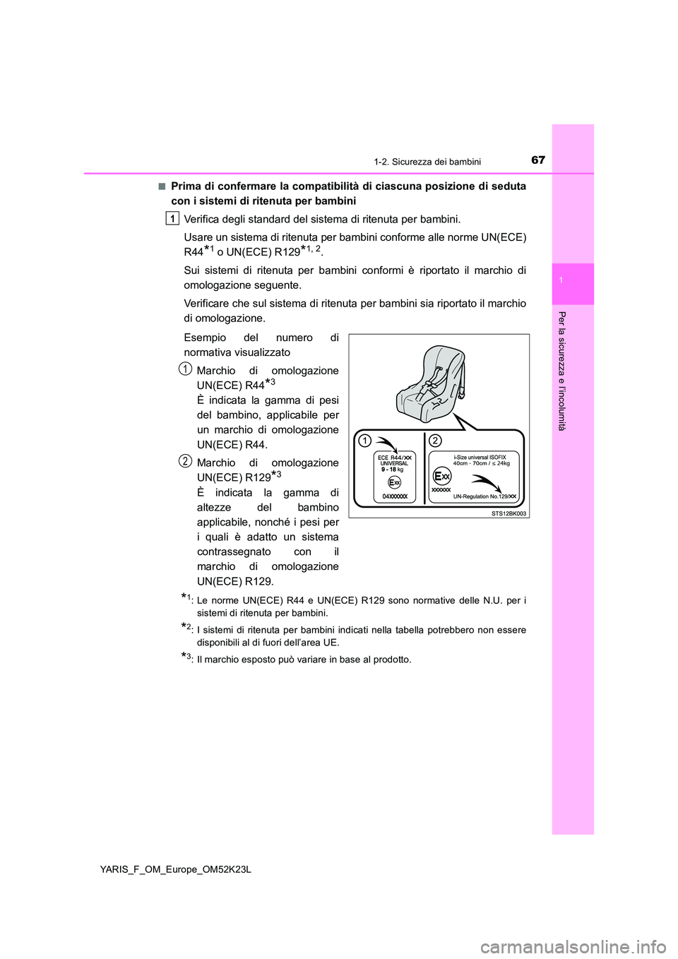 TOYOTA YARIS 2019 Manuale duso (in Italian) 671-2. Sicurezza dei bambini
1
Per la sicurezza e l’incolumità
YARIS_F_OM_Europe_OM52K23L
■Prima di confermare la compatibilità di ciascuna posizione di seduta
con i sistemi di ritenuta per ba TOYOTA YARIS 2019 Manuale duso (in Italian) 671-2. Sicurezza dei bambini
1
Per la sicurezza e l’incolumità
YARIS_F_OM_Europe_OM52K23L
■Prima di confermare la compatibilità di ciascuna posizione di seduta
con i sistemi di ritenuta per ba