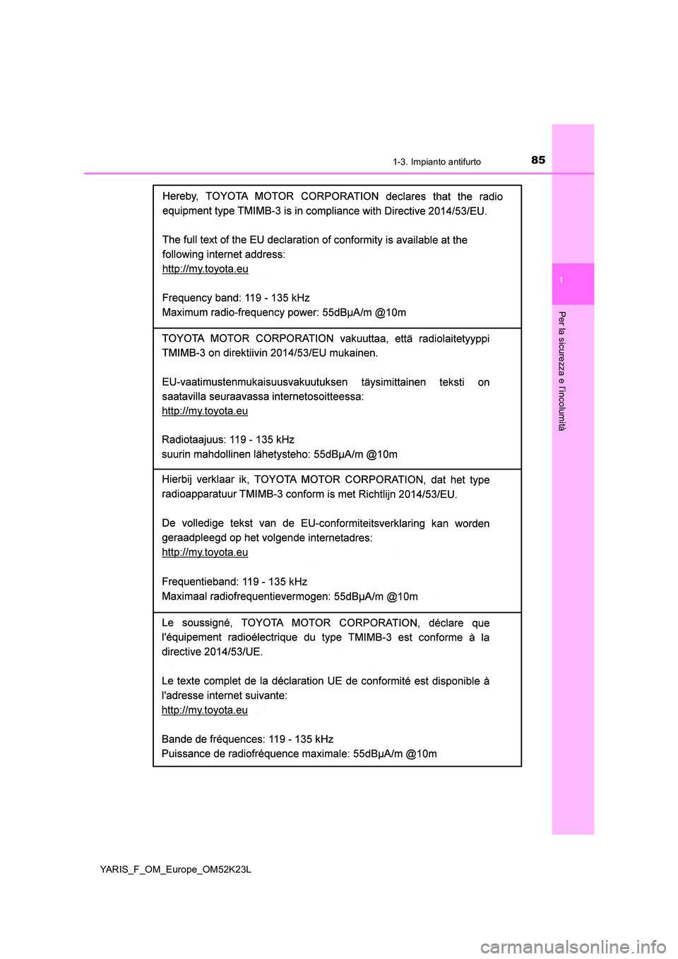 TOYOTA YARIS 2019  Manuale duso (in Italian) 851-3. Impianto antifurto
1
Per la sicurezza e l’incolumità
YARIS_F_OM_Europe_OM52K23L 