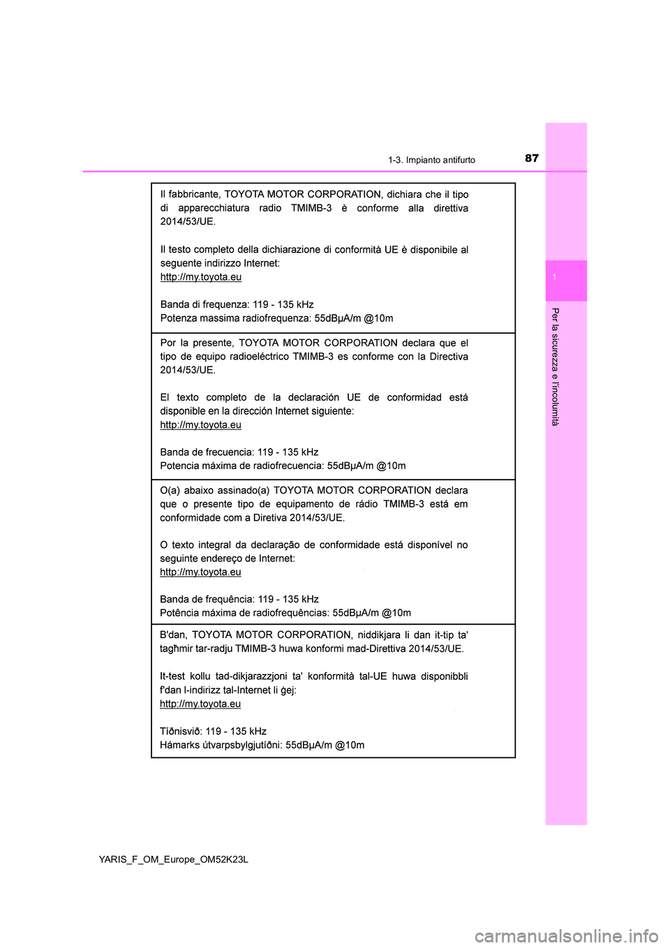 TOYOTA YARIS 2019  Manuale duso (in Italian) 871-3. Impianto antifurto
1
Per la sicurezza e l’incolumità
YARIS_F_OM_Europe_OM52K23L 