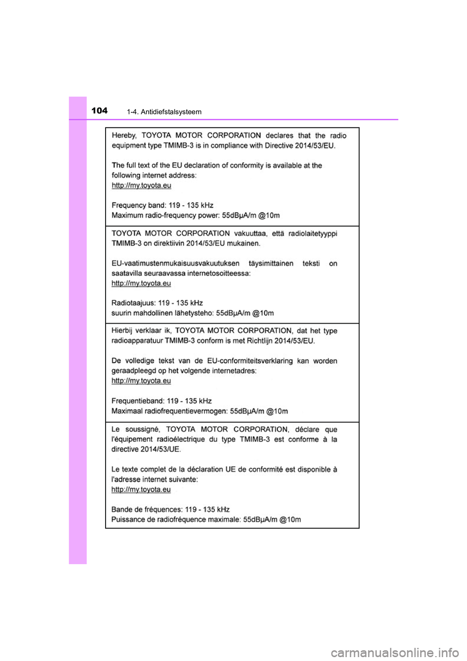 TOYOTA YARIS 2019  Instructieboekje (in Dutch) 1041-4. Antidiefstalsysteem
YARIS_HV_OM_Europe_OM52K29E
YARIS_HV_OM_Europe_OM52K29E.book  Page 104  Monday, October 8, 2018  11:51 AM 