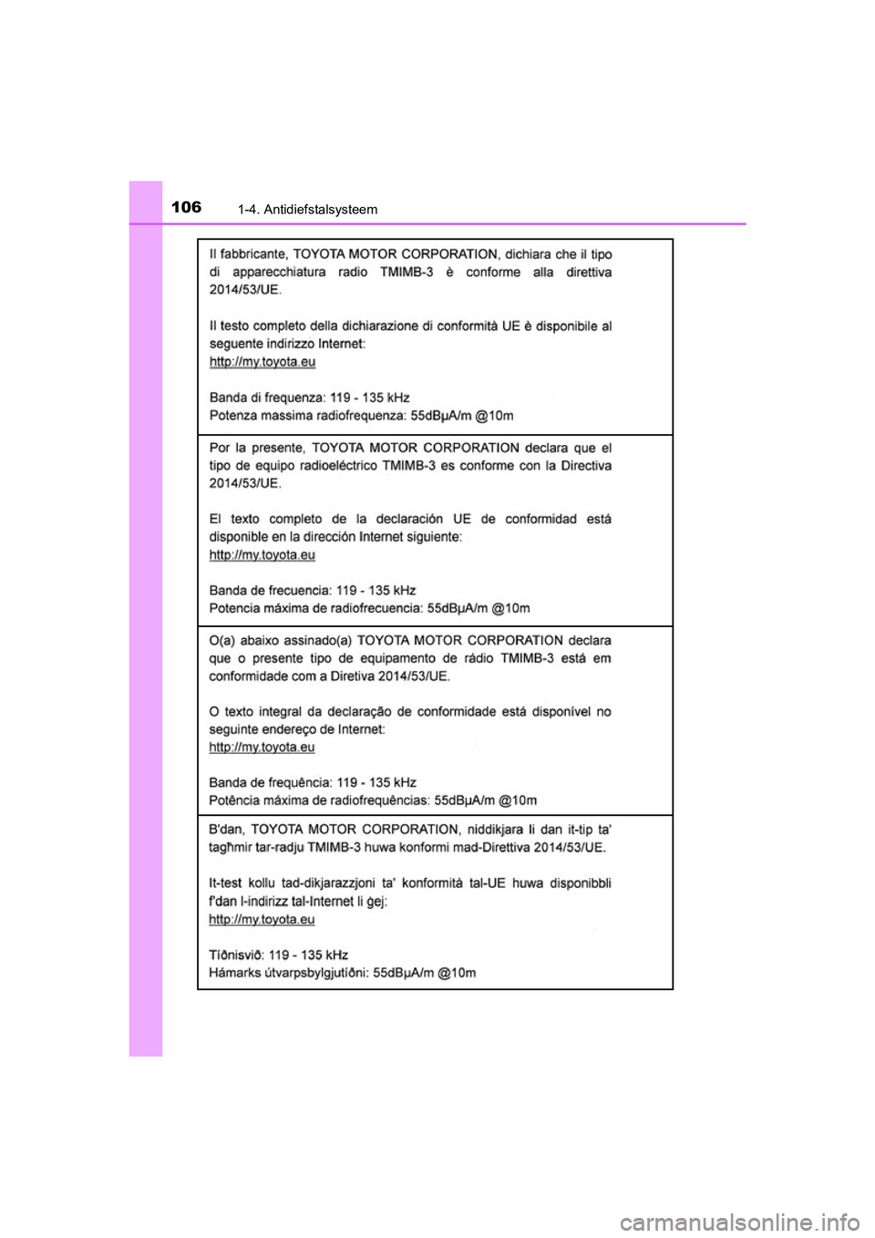 TOYOTA YARIS 2019  Instructieboekje (in Dutch) 1061-4. Antidiefstalsysteem
YARIS_HV_OM_Europe_OM52K29E
YARIS_HV_OM_Europe_OM52K29E.book  Page 106  Monday, October 8, 2018  11:51 AM 