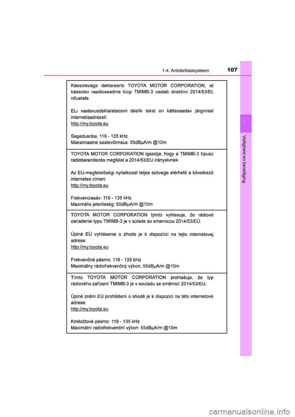 TOYOTA YARIS 2019  Instructieboekje (in Dutch) 1071-4. Antidiefstalsysteem
1
Veiligheid en beveiliging
YARIS_HV_OM_Europe_OM52K29E
YARIS_HV_OM_Europe_OM52K29E.book  Page 107  Monday, October 8, 2018  11:51 AM 