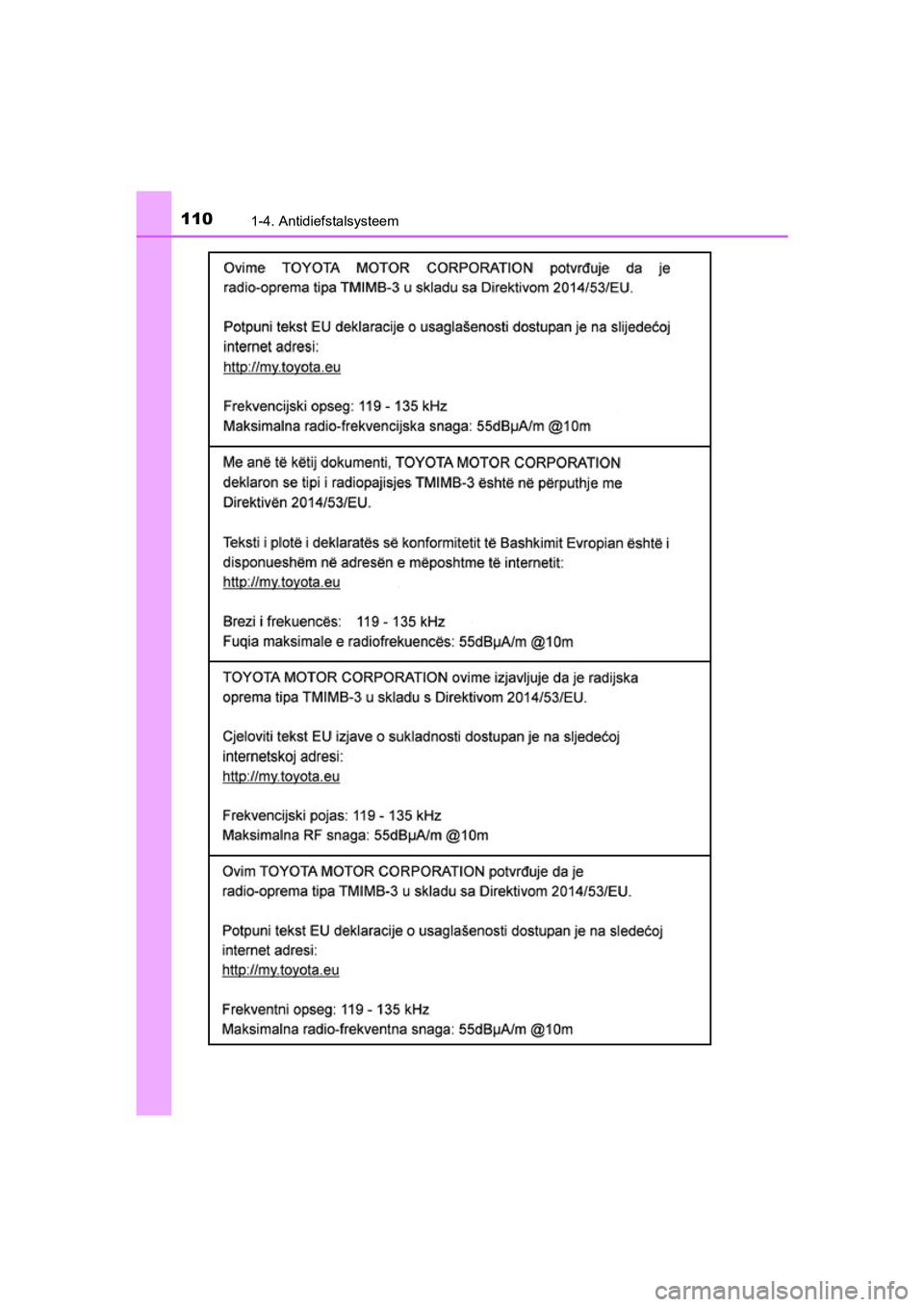 TOYOTA YARIS 2019  Instructieboekje (in Dutch) 1101-4. Antidiefstalsysteem
YARIS_HV_OM_Europe_OM52K29E
YARIS_HV_OM_Europe_OM52K29E.book  Page 110  Monday, October 8, 2018  11:51 AM 