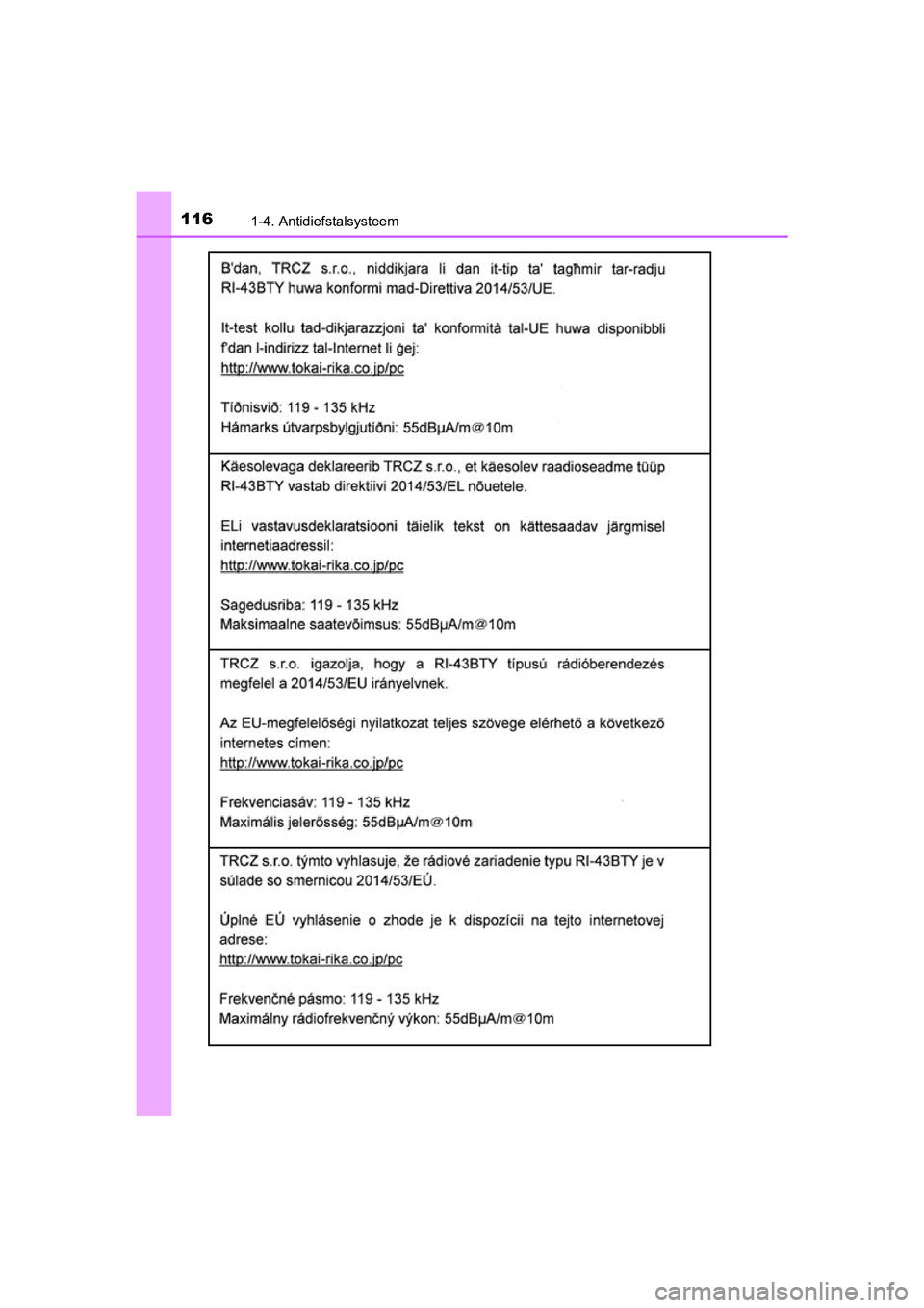 TOYOTA YARIS 2019  Instructieboekje (in Dutch) 1161-4. Antidiefstalsysteem
YARIS_HV_OM_Europe_OM52K29E
YARIS_HV_OM_Europe_OM52K29E.book  Page 116  Monday, October 8, 2018  11:51 AM 