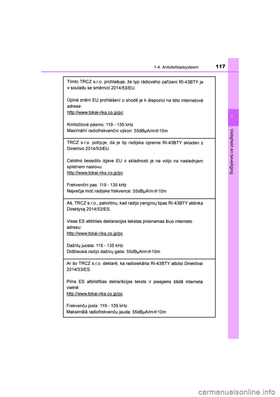 TOYOTA YARIS 2019  Instructieboekje (in Dutch) 1171-4. Antidiefstalsysteem
1
Veiligheid en beveiliging
YARIS_HV_OM_Europe_OM52K29E
YARIS_HV_OM_Europe_OM52K29E.book  Page 117  Monday, October 8, 2018  11:51 AM 