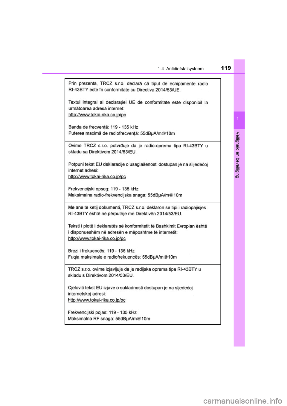 TOYOTA YARIS 2019  Instructieboekje (in Dutch) 1191-4. Antidiefstalsysteem
1
Veiligheid en beveiliging
YARIS_HV_OM_Europe_OM52K29E
YARIS_HV_OM_Europe_OM52K29E.book  Page 119  Monday, October 8, 2018  11:51 AM 