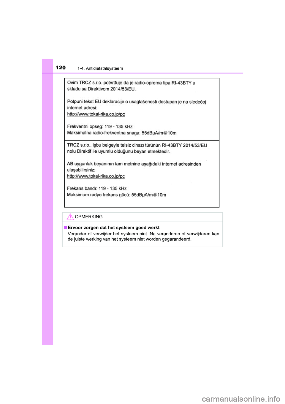 TOYOTA YARIS 2019  Instructieboekje (in Dutch) 1201-4. Antidiefstalsysteem
YARIS_HV_OM_Europe_OM52K29E
OPMERKING
■Ervoor zorgen dat het systeem goed werkt
Verander  of  verwijder  het  systeem  niet.  Na  veranderen  of  verwij deren  kan
de jui