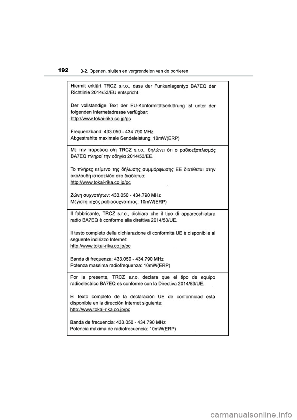 TOYOTA YARIS 2019  Instructieboekje (in Dutch) 1923-2. Openen, sluiten en vergrendelen van de portieren
YARIS_HV_OM_Europe_OM52K29E
YARIS_HV_OM_Europe_OM52K29E.book  Page 192  Monday, October 8, 2018  11:51 AM 