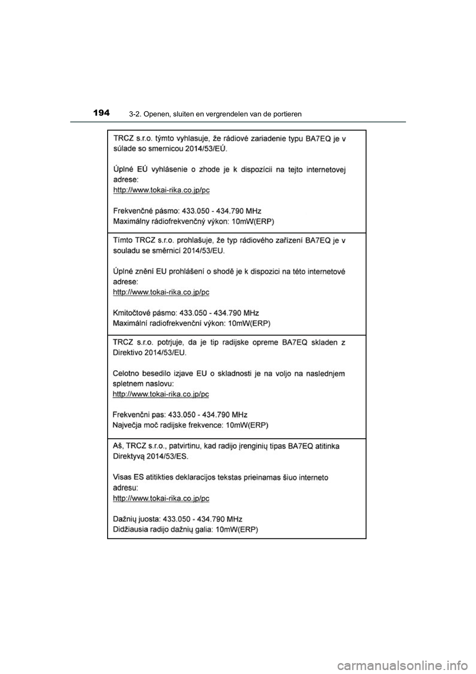 TOYOTA YARIS 2019  Instructieboekje (in Dutch) 1943-2. Openen, sluiten en vergrendelen van de portieren
YARIS_HV_OM_Europe_OM52K29E
YARIS_HV_OM_Europe_OM52K29E.book  Page 194  Monday, October 8, 2018  11:51 AM 