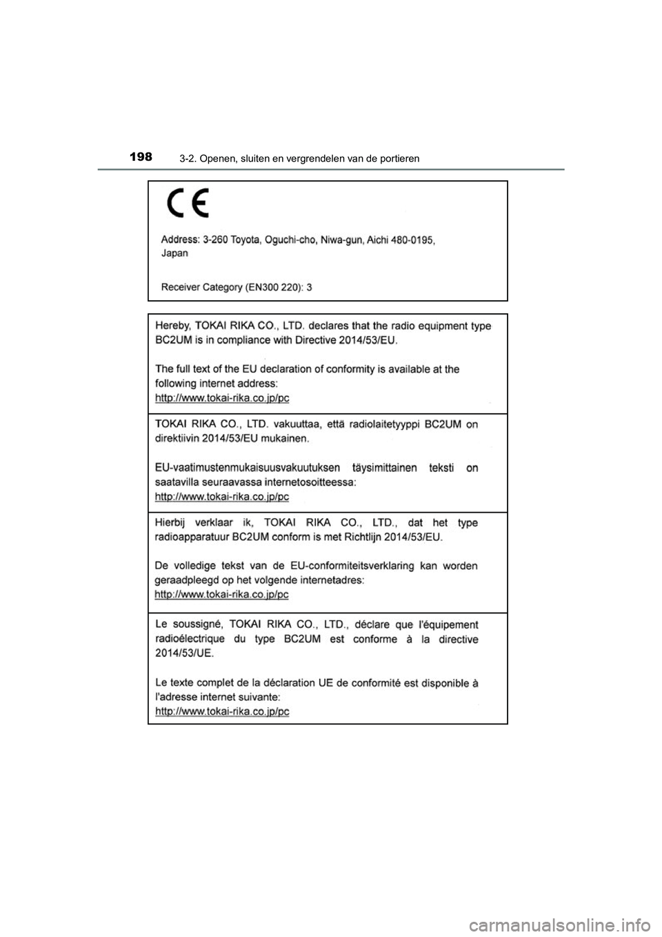 TOYOTA YARIS 2019  Instructieboekje (in Dutch) 1983-2. Openen, sluiten en vergrendelen van de portieren
YARIS_HV_OM_Europe_OM52K29E
YARIS_HV_OM_Europe_OM52K29E.book  Page 198  Monday, October 8, 2018  11:51 AM 