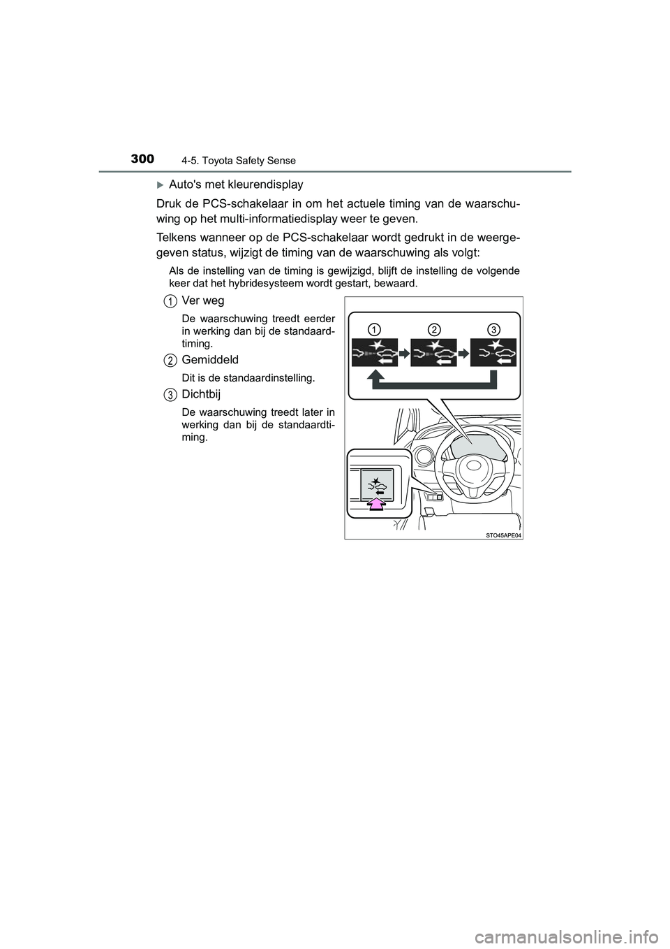 TOYOTA YARIS 2019 Instructieboekje (in Dutch) 3004-5. Toyota Safety Sense
YARIS_HV_OM_Europe_OM52K29E
Auto's met kleurendisplay
Druk de PCS-schakelaar in om h et actuele timing van de waarschu -
wing op het multi-informatiedispla TOYOTA YARIS 2019 Instructieboekje (in Dutch) 3004-5. Toyota Safety Sense
YARIS_HV_OM_Europe_OM52K29E
Auto's met kleurendisplay
Druk de PCS-schakelaar in om h et actuele timing van de waarschu -
wing op het multi-informatiedispla