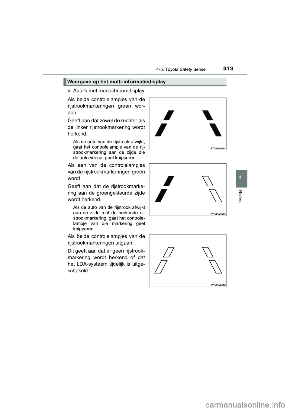 TOYOTA YARIS 2019  Instructieboekje (in Dutch) 3134-5. Toyota Safety Sense
4
Rijden
YARIS_HV_OM_Europe_OM52K29E
Auto's met monochroomdisplay
Als  beide  controlelampjes  van  de
rijstrookmarkeringen  groen  wor-
den: 
Geeft aan dat zowel de